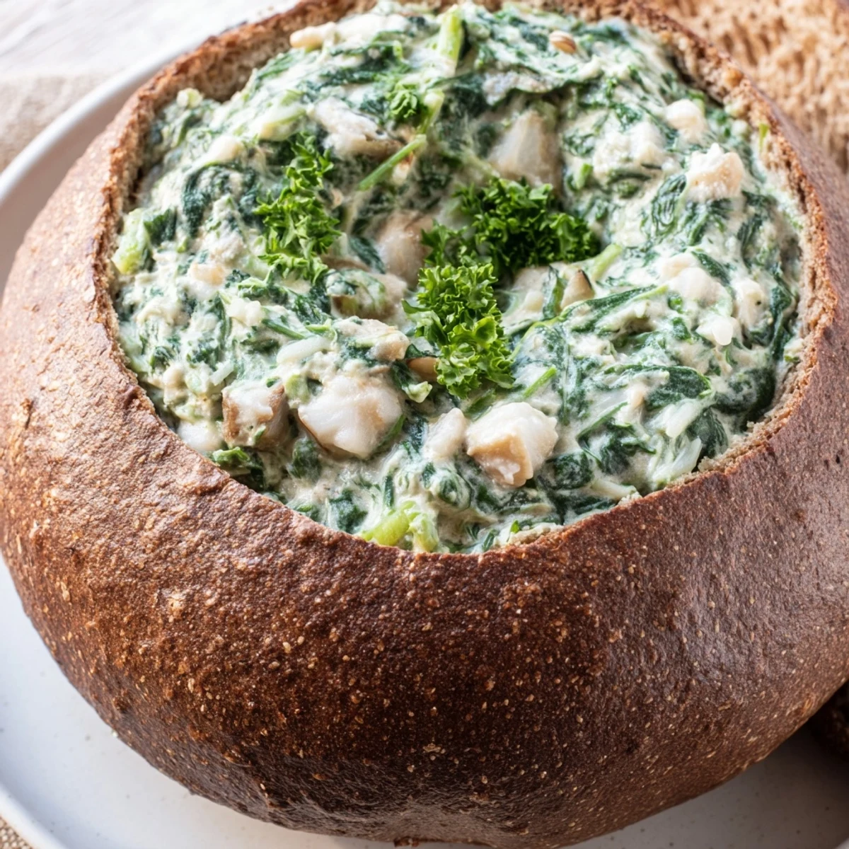 Creamy St. Patricks Day Spinach Dip in Rye Bread, served in a hollowed bread bowl with rye cubes for dipping.