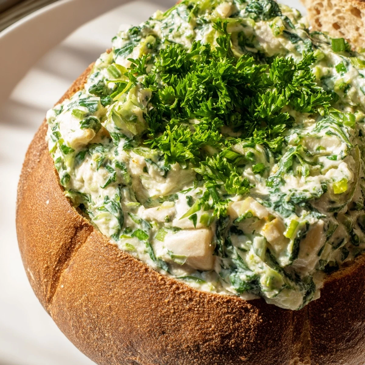 A festive bowl of St. Patricks Day Spinach Dip in Rye Bread, garnished with green onions and served with fresh vegetables.