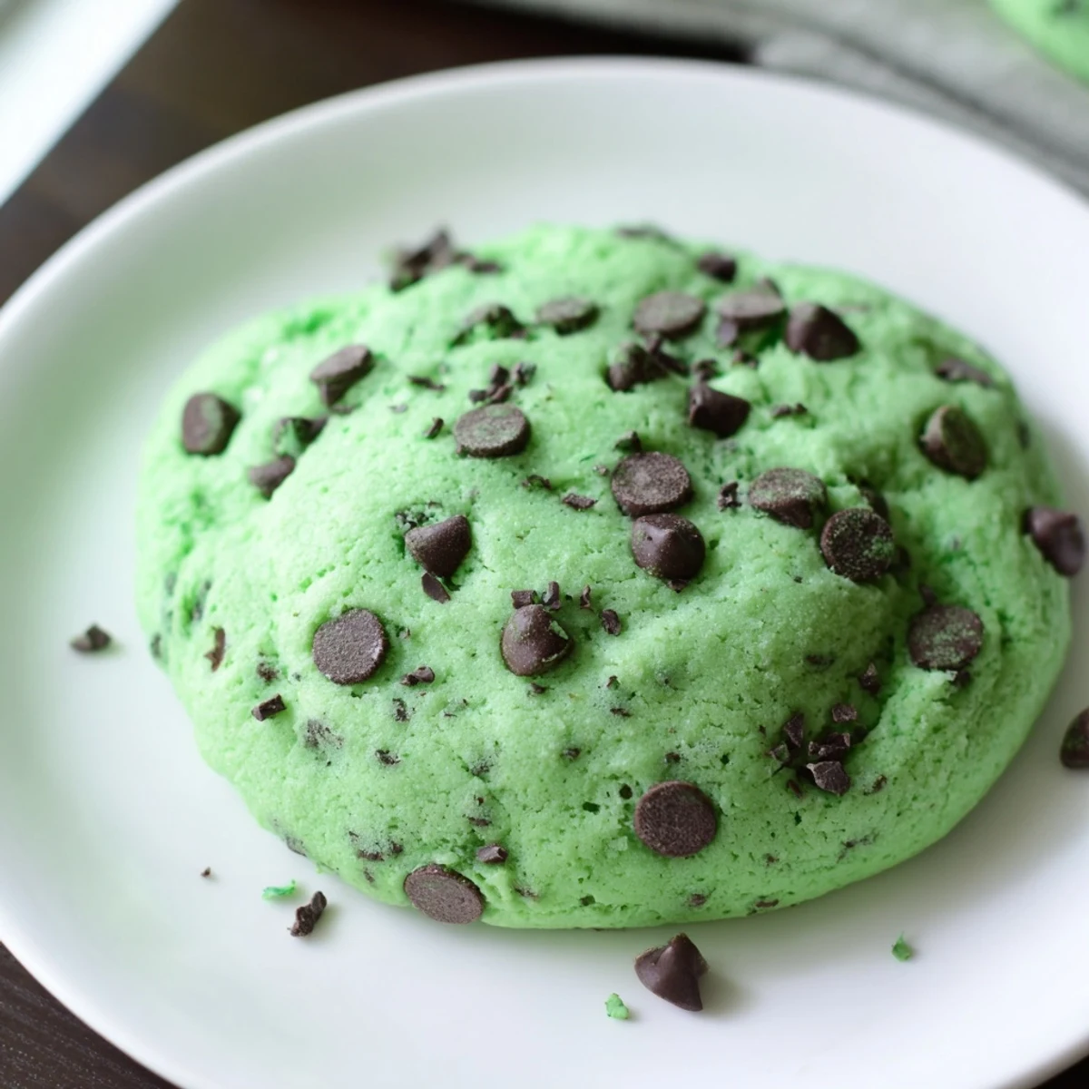Vibrant green mint chip cookies are fresh from the oven, boasting soft centers and loaded with rich chocolate chips.