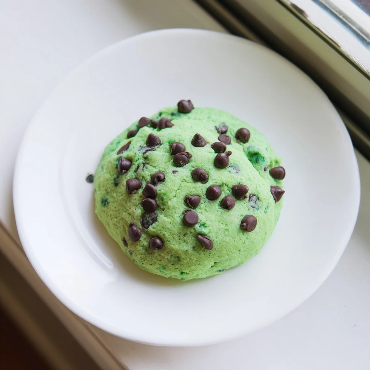 A close-up of mint chip cookies on a white plate, highlighting their bright green hue and gooey chocolate chunks.