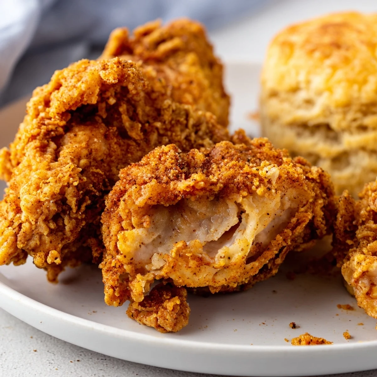 Golden, crispy Cajun Fried Chicken with biscuits rests on a rustic board, steam rising beside a small cup of honey.