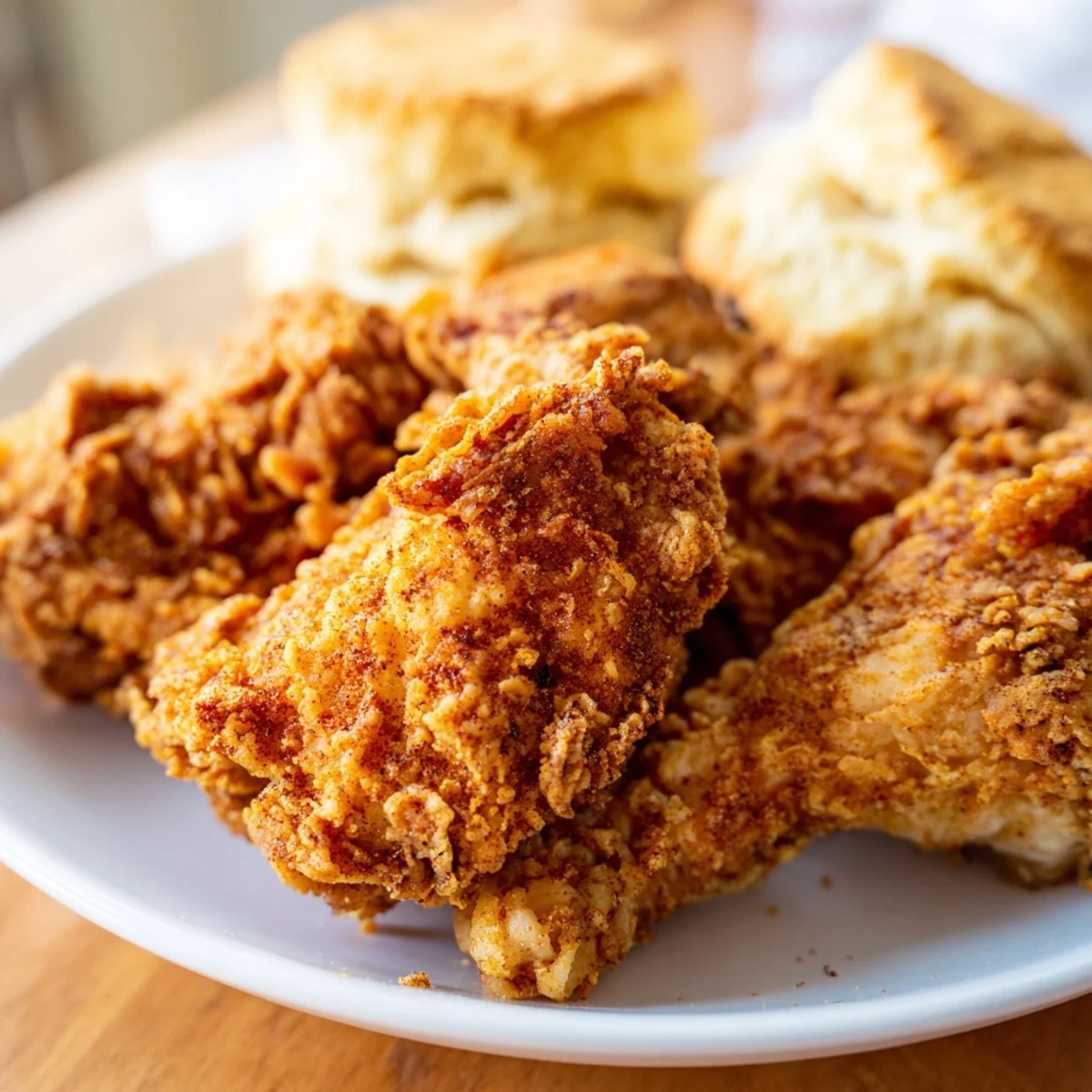Sizzling Cajun Fried Chicken sits beside fluffy biscuits on a white platter, drizzled with hot honey for serving.