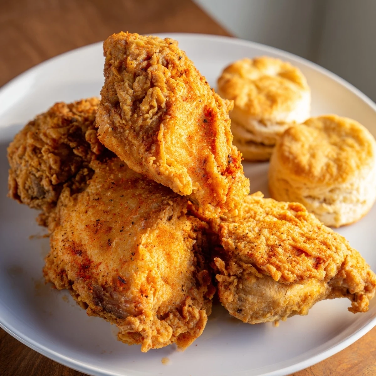 A close-up of Cajun Fried Chicken highlights crunchy spice crust next to buttery biscuits on a checkered napkin.