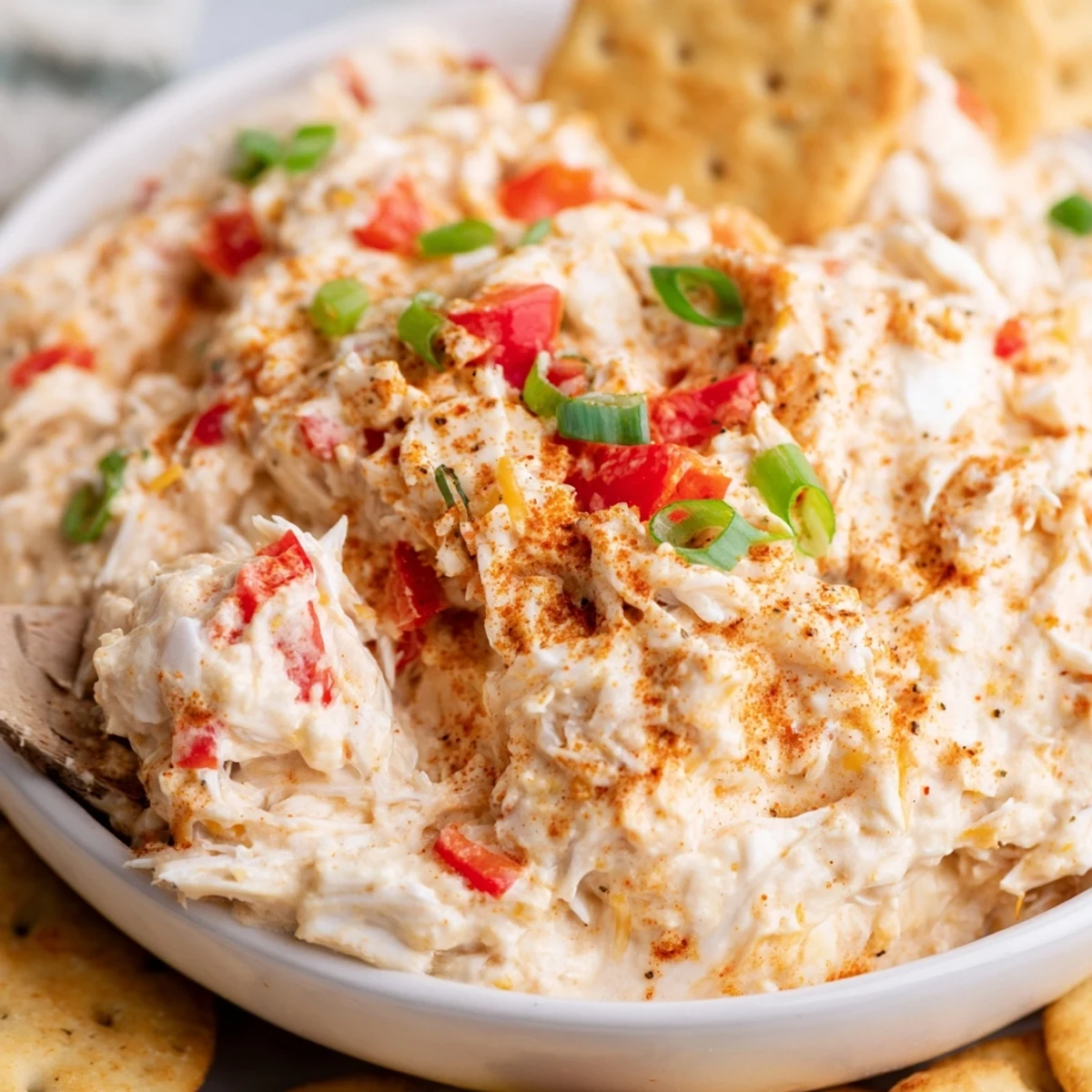 Golden-baked Mardi Gras Crab Dip with Crackers in a rustic dish, surrounded by assorted crunchy crackers for a festive party appetizer.