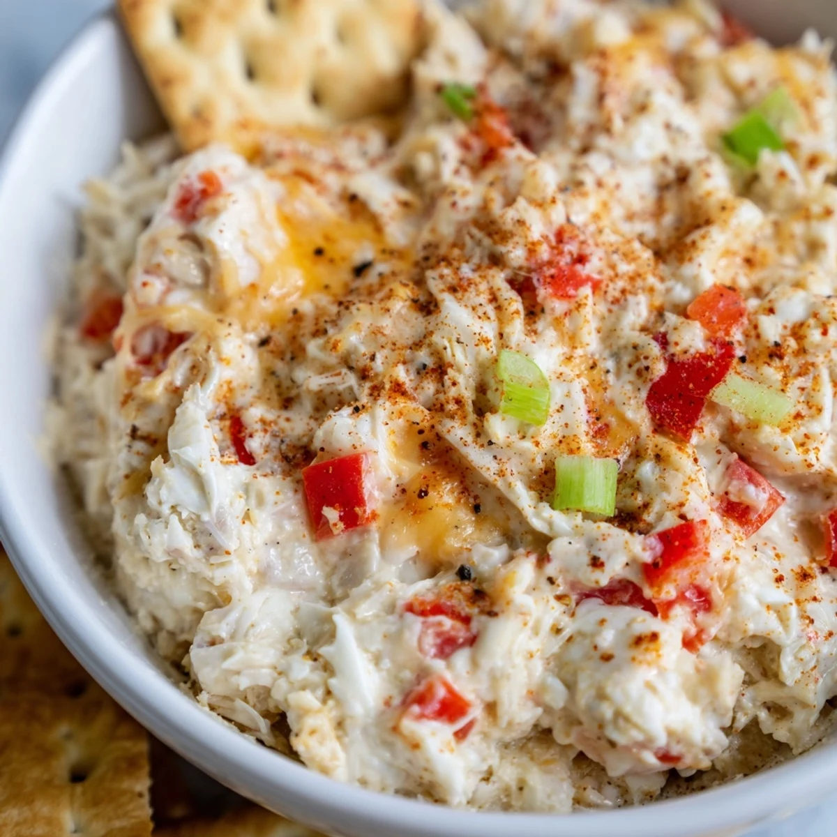 Bubbling hot Mardi Gras Crab Dip with Crackers served warm in a baking dish, flecked with red bell pepper and green onions.