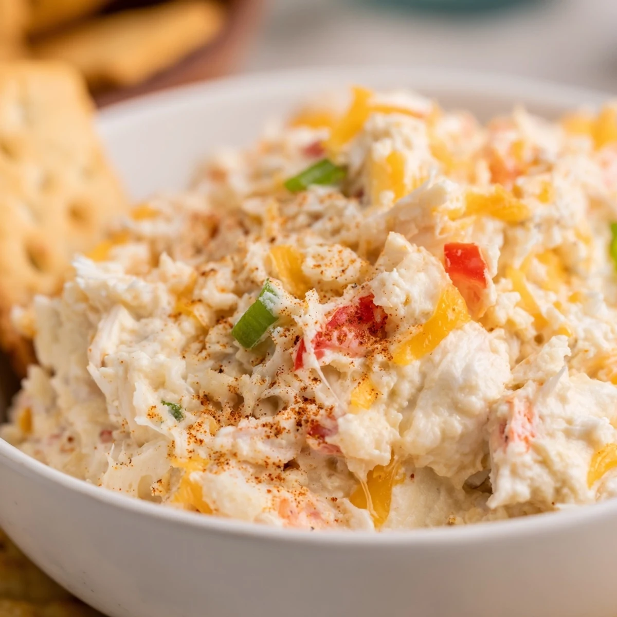 Creamy Mardi Gras Crab Dip with Crackers, topped with melted cheddar and Cajun spices, ready to scoop with a crispy cracker.