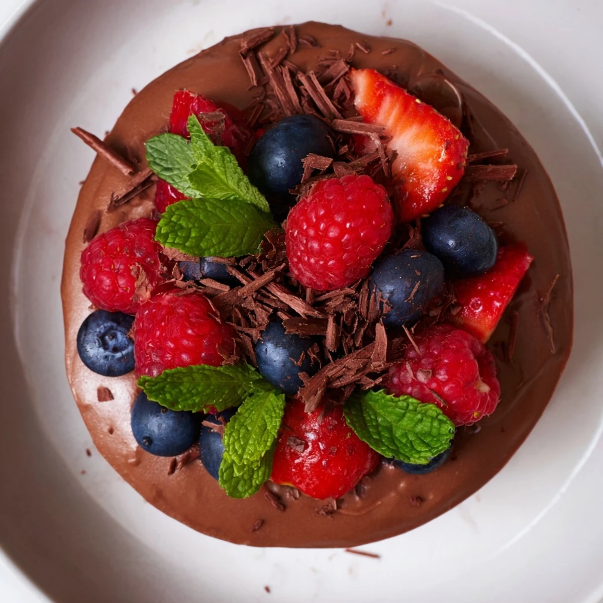 Freshly made Valentine Chocolate Mousse with Berries served in a glass, topped with glossy chocolate shavings and mint.