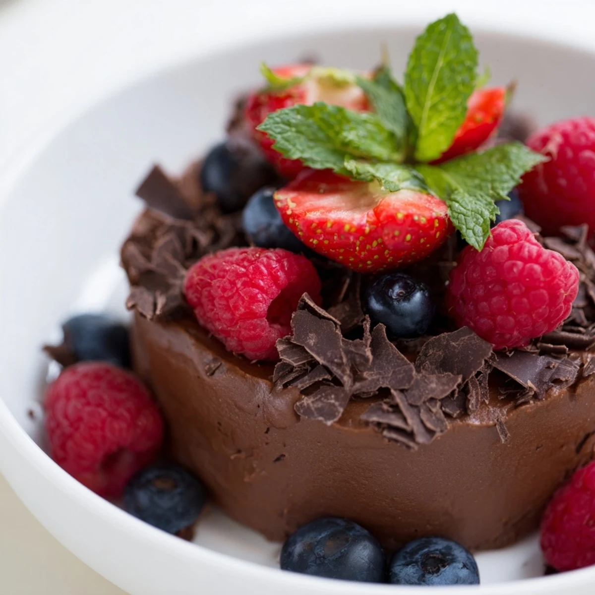 A spoon is about to scoop into rich Valentine Chocolate Mousse with Berries, featuring fresh raspberries and strawberries.