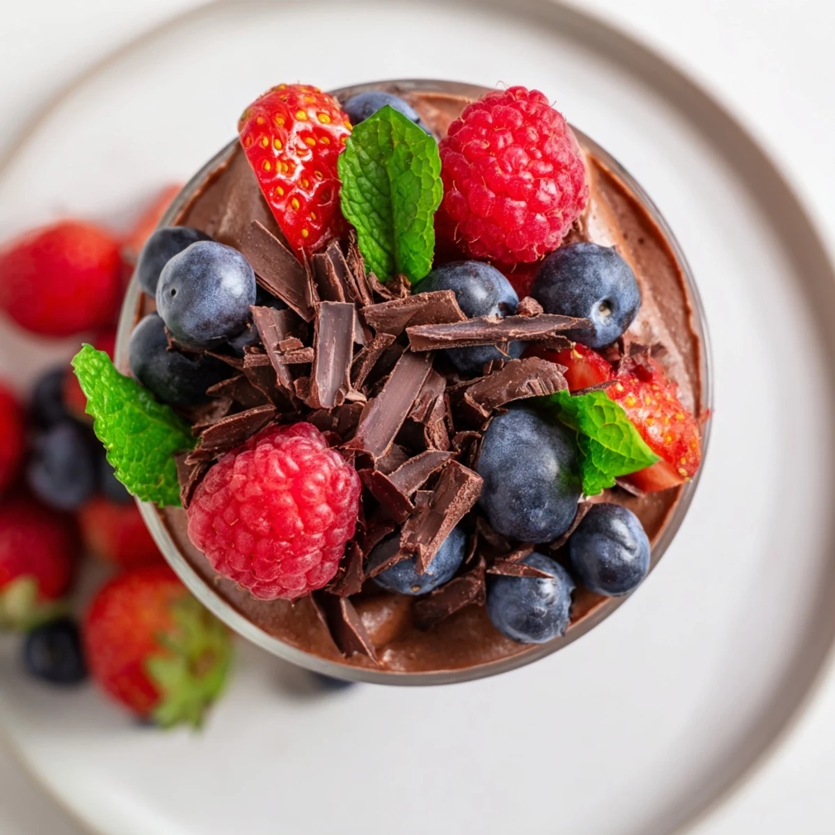 Delicate Valentine Chocolate Mousse with Berries in a crystal coupe glass, garnished with vibrant mixed berries and a mint sprig.