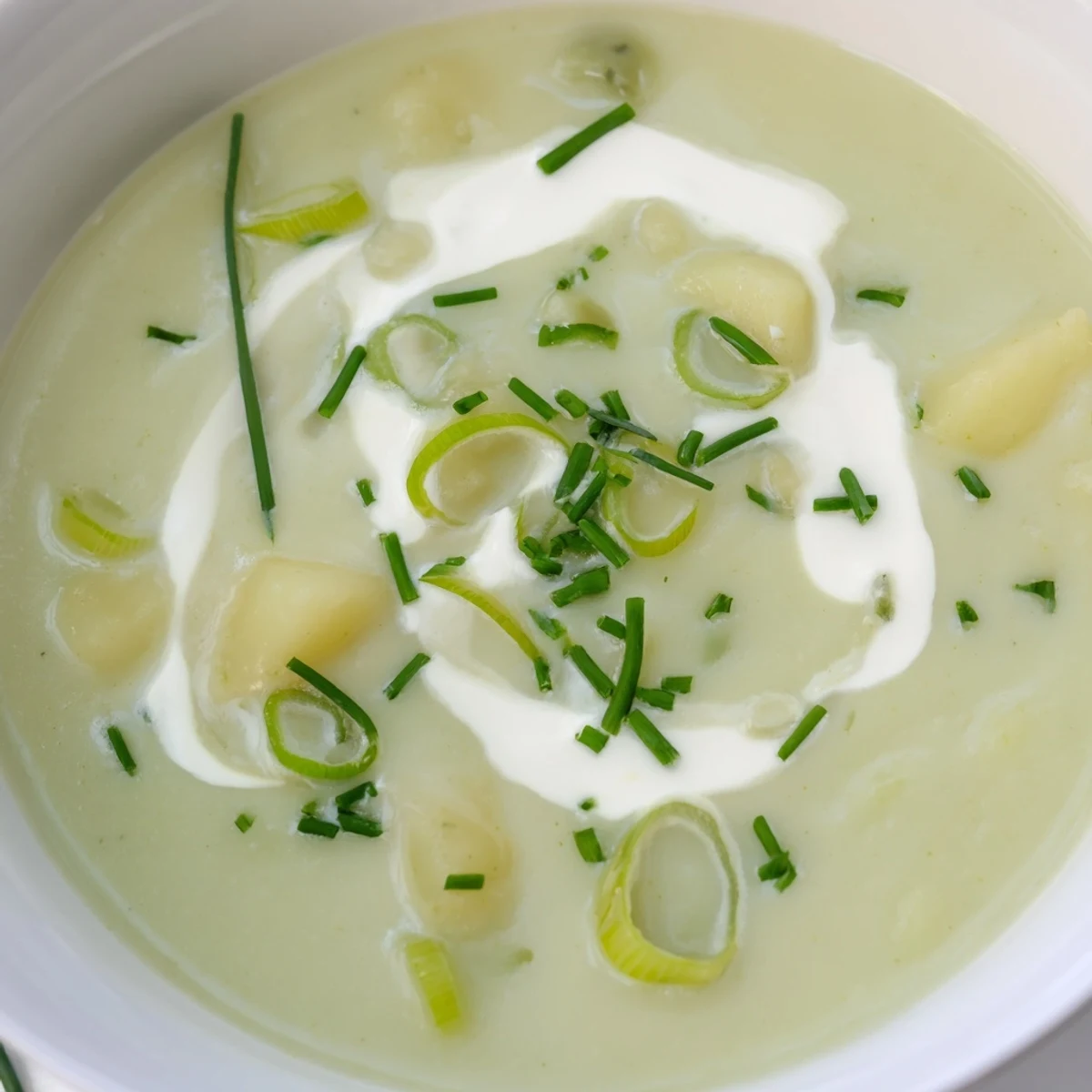 Silky smooth Irish Leek and Potato Soup in a rustic bowl, showcasing tender potatoes and savory leeks.