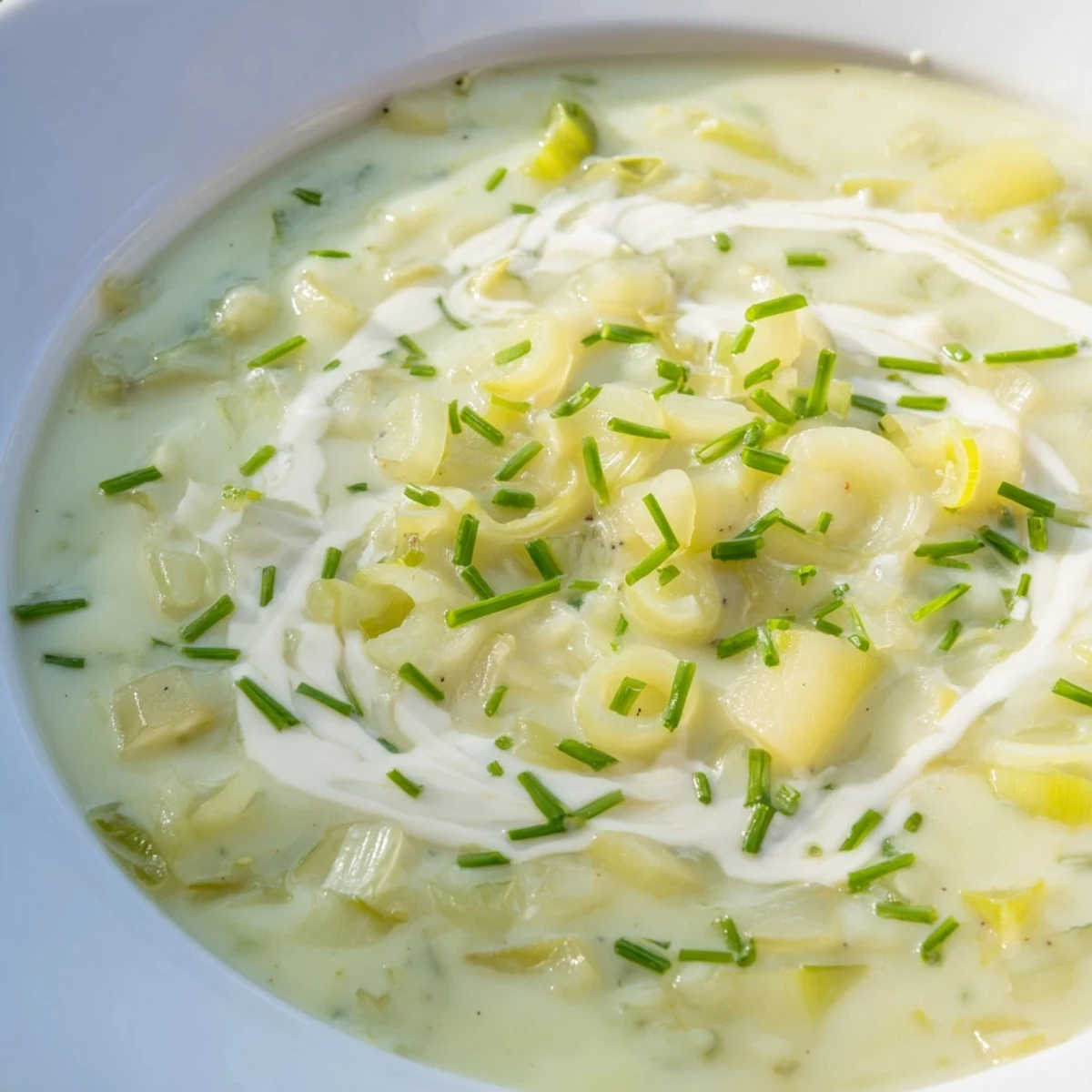 Rich Irish Leek and Potato Soup finished with heavy cream, perfect for a chilly, cozy day.