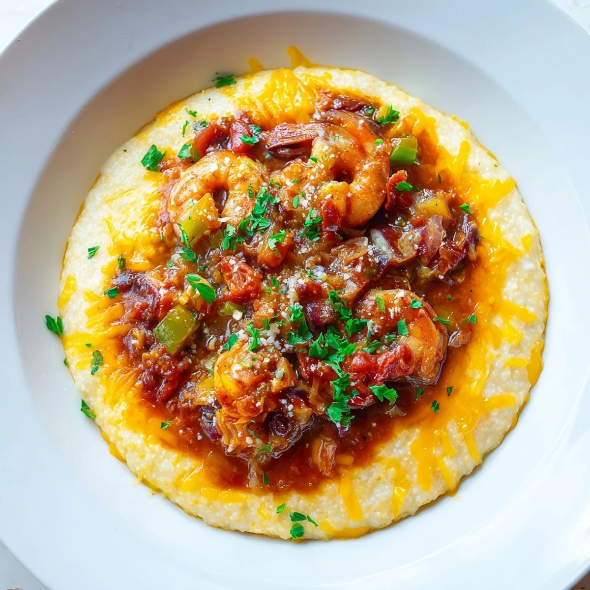Golden, creamy cheddar grits are topped with spicy Creole shrimp in a rich tomato sauce, served in a warm bowl.  