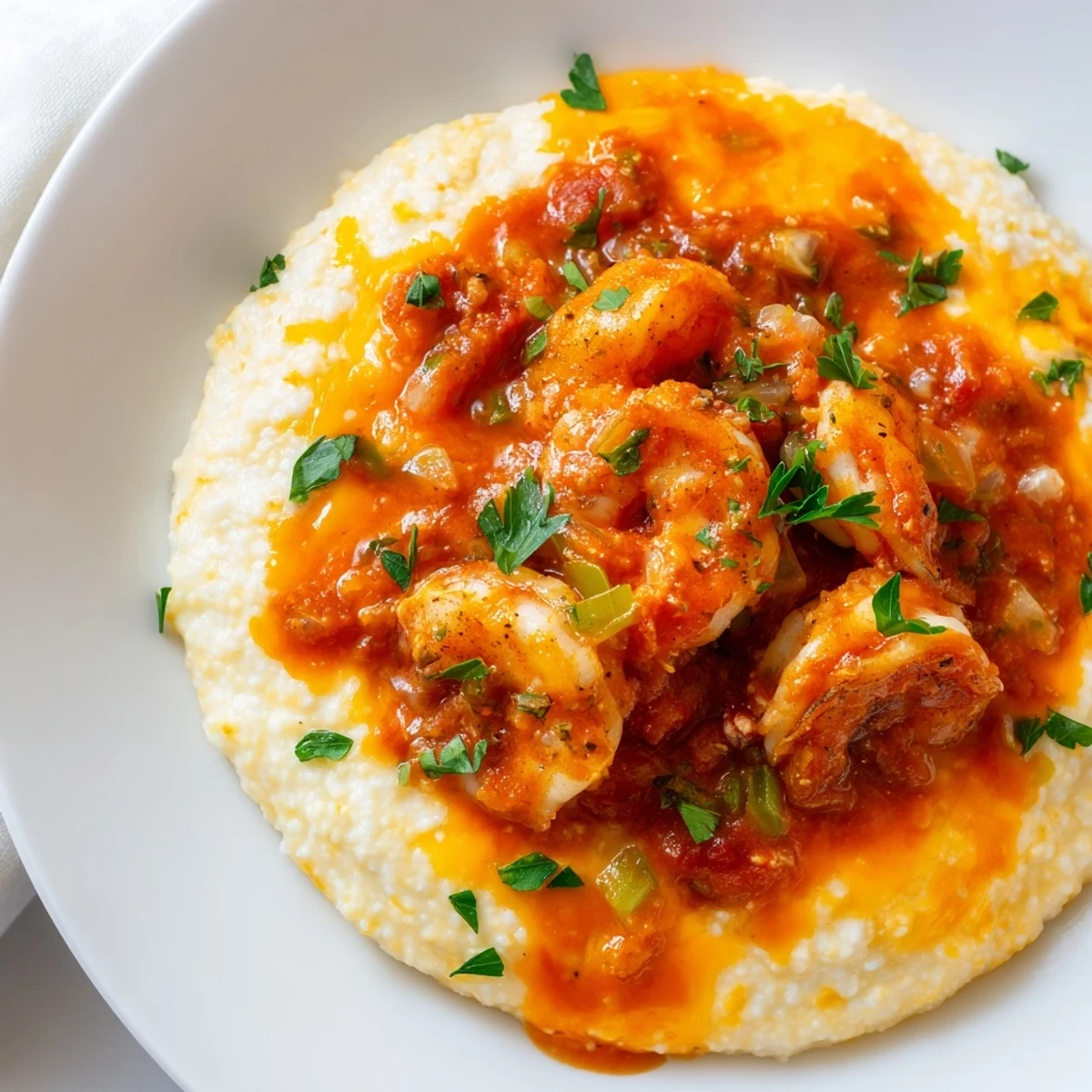 A close-up of Creole shrimp and grits shows juicy shrimp nestled on creamy, cheese-topped Southern-style grits.