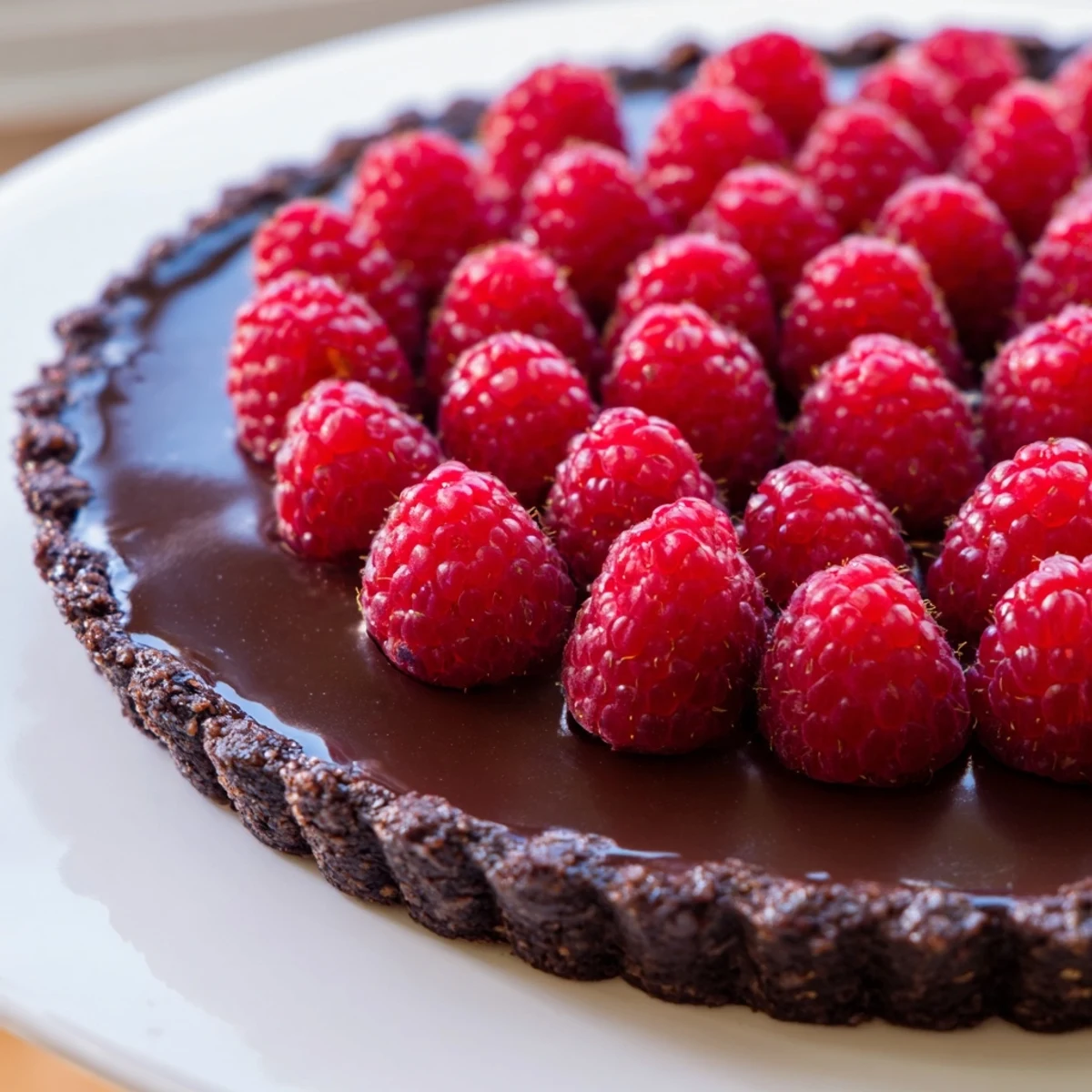 The Chocolate Raspberry Tart presents a crisp cocoa crust filled with glossy dark chocolate ganache and topped with vibrant fresh raspberries.