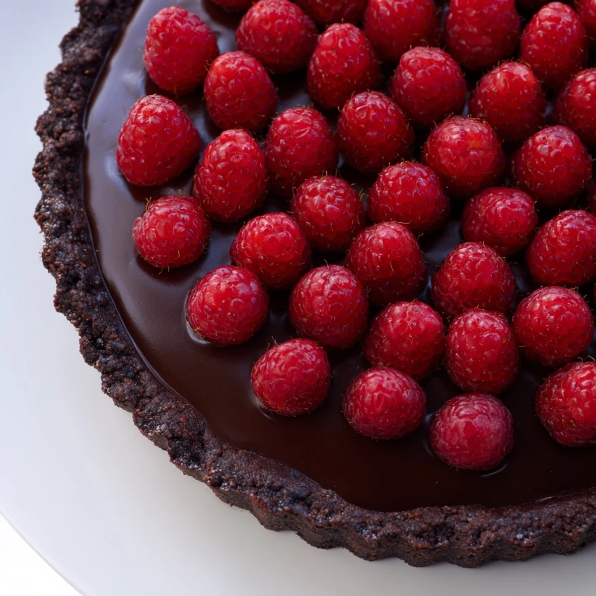 Fresh raspberries glisten atop the Chocolate Raspberry Tart, ready to be served with a glass of red wine for an elegant dessert.