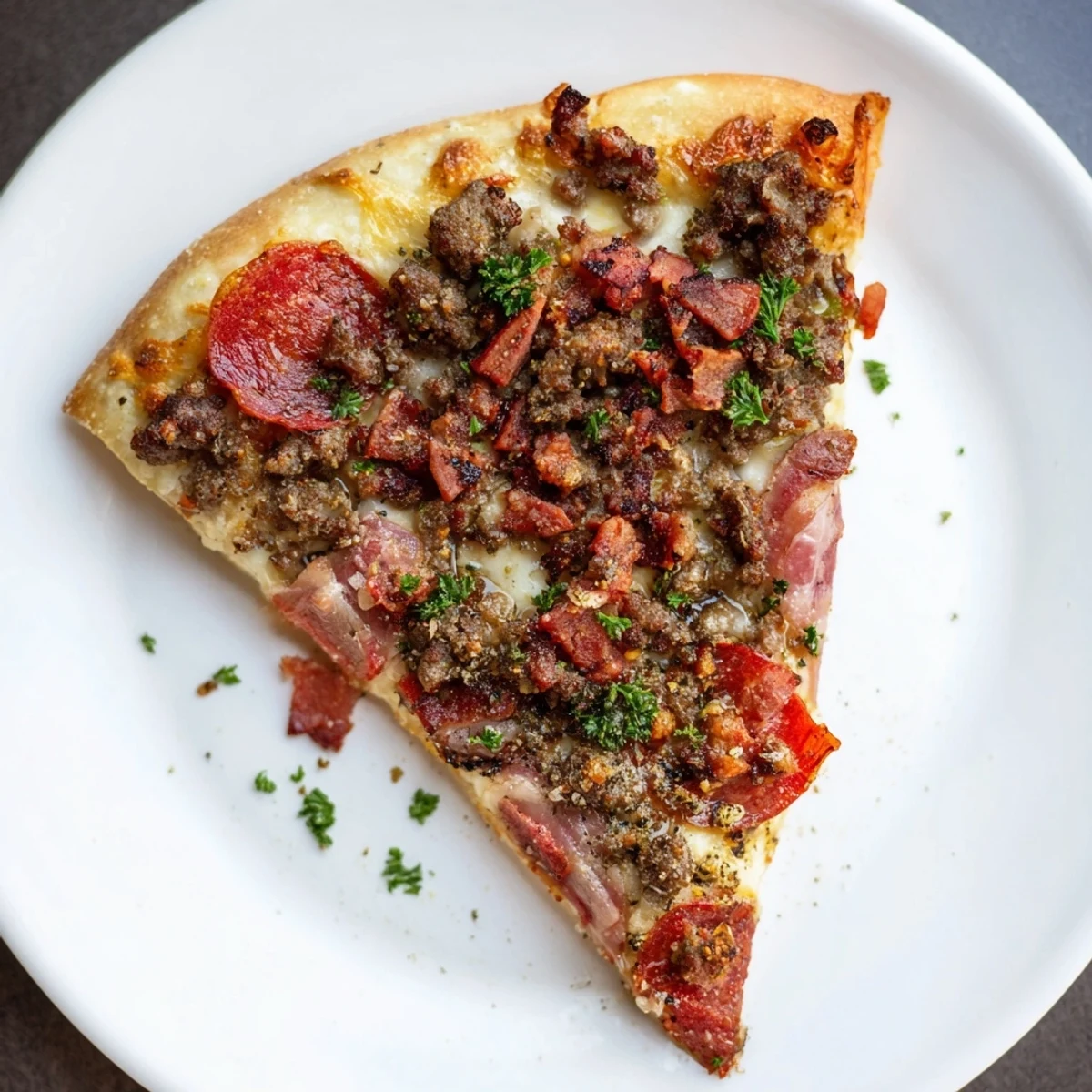 From a top angle, the MVP Meat Lover Pizza shows bubbling mozzarella, red onions, and green bell peppers on a wooden cutting board.  