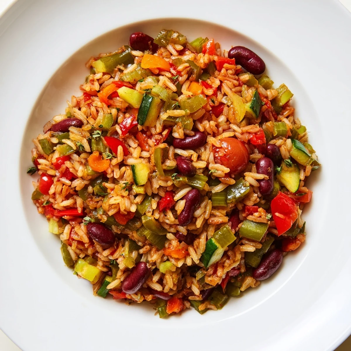 A hearty bowl of vegetarian Vegetable Jambalaya with Kidney Beans, featuring fluffy rice, bell peppers, and fresh parsley garnish.  