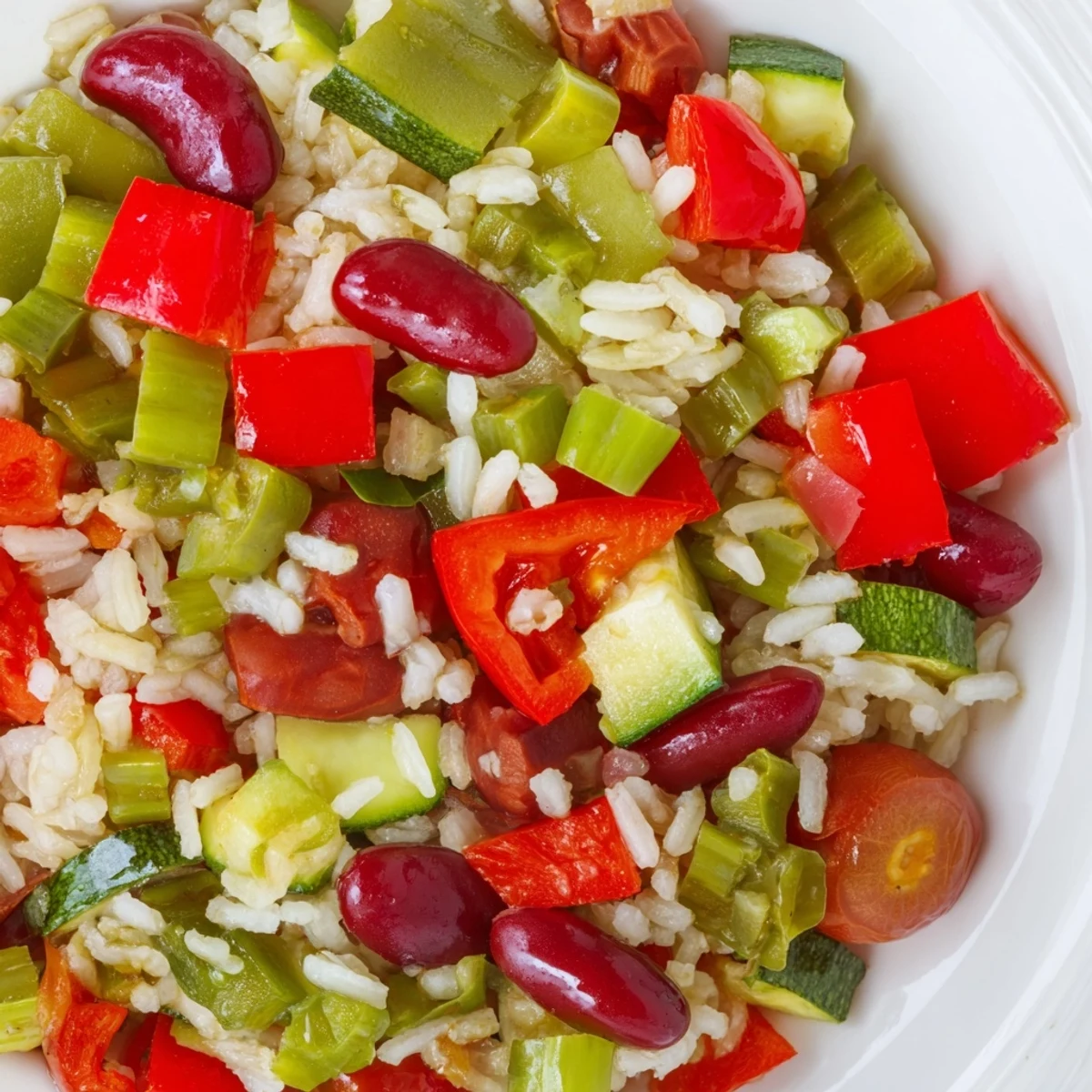 The vibrant, spicy Creole-inspired Vegetable Jambalaya with Kidney Beans simmered in a pot with colorful diced vegetables.  
