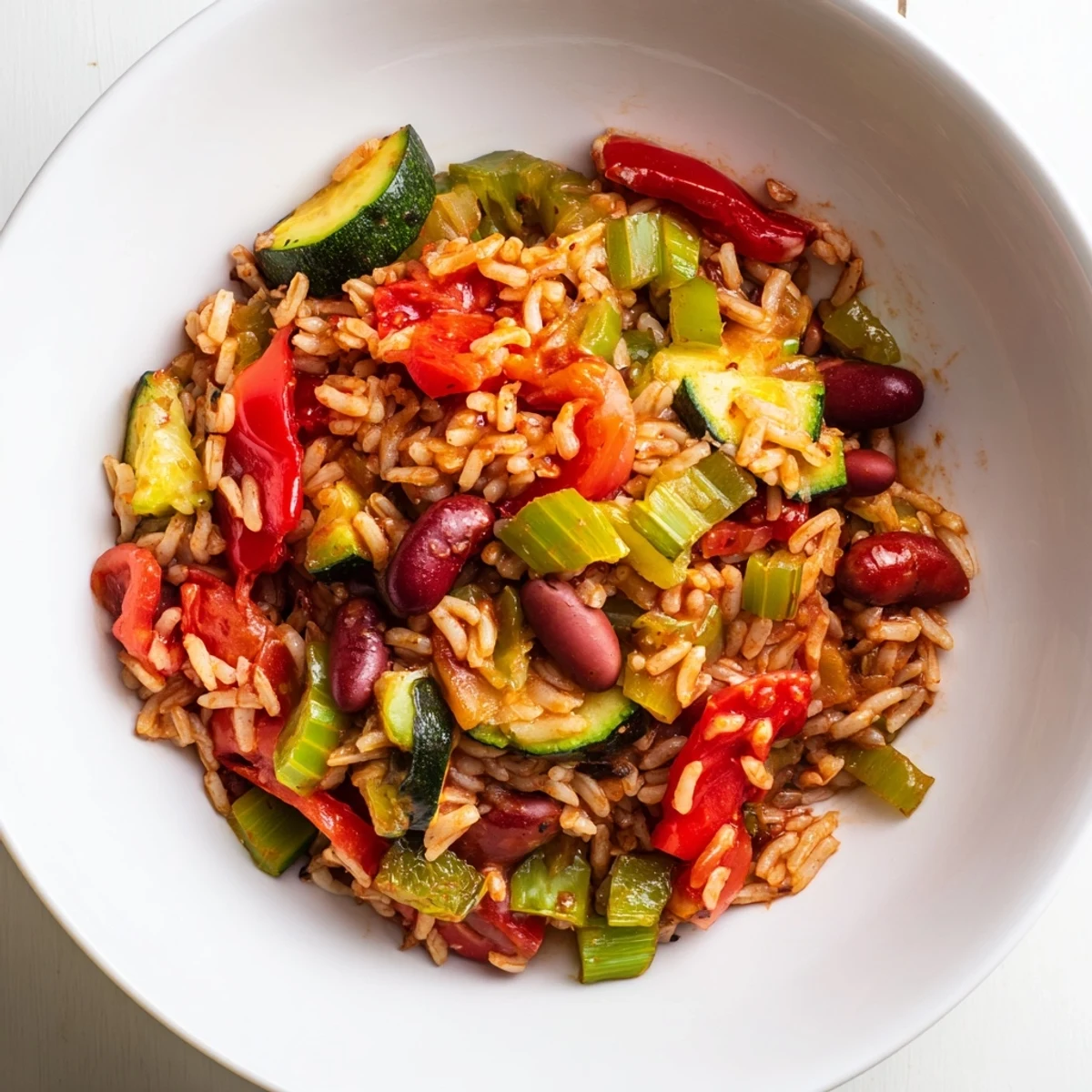 Close-up of a steaming serving of Vegetable Jambalaya with Kidney Beans, garnished with green onions and lemon wedges.