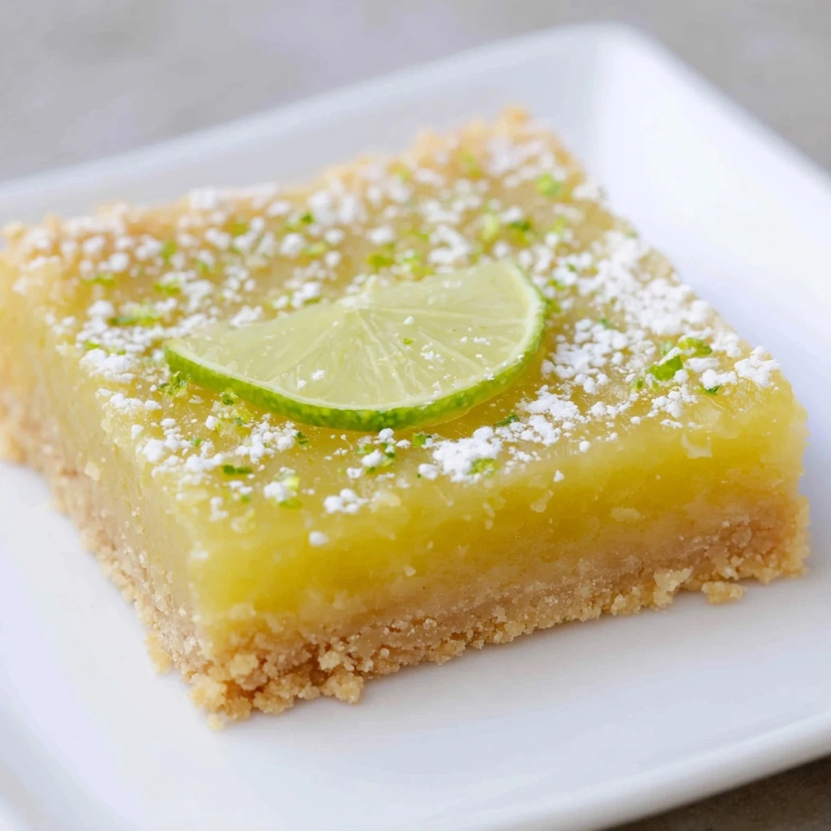 A slice of lime bars on a plate reveals the creamy, citrusy filling and buttery crust, perfect for a summer dessert spread.