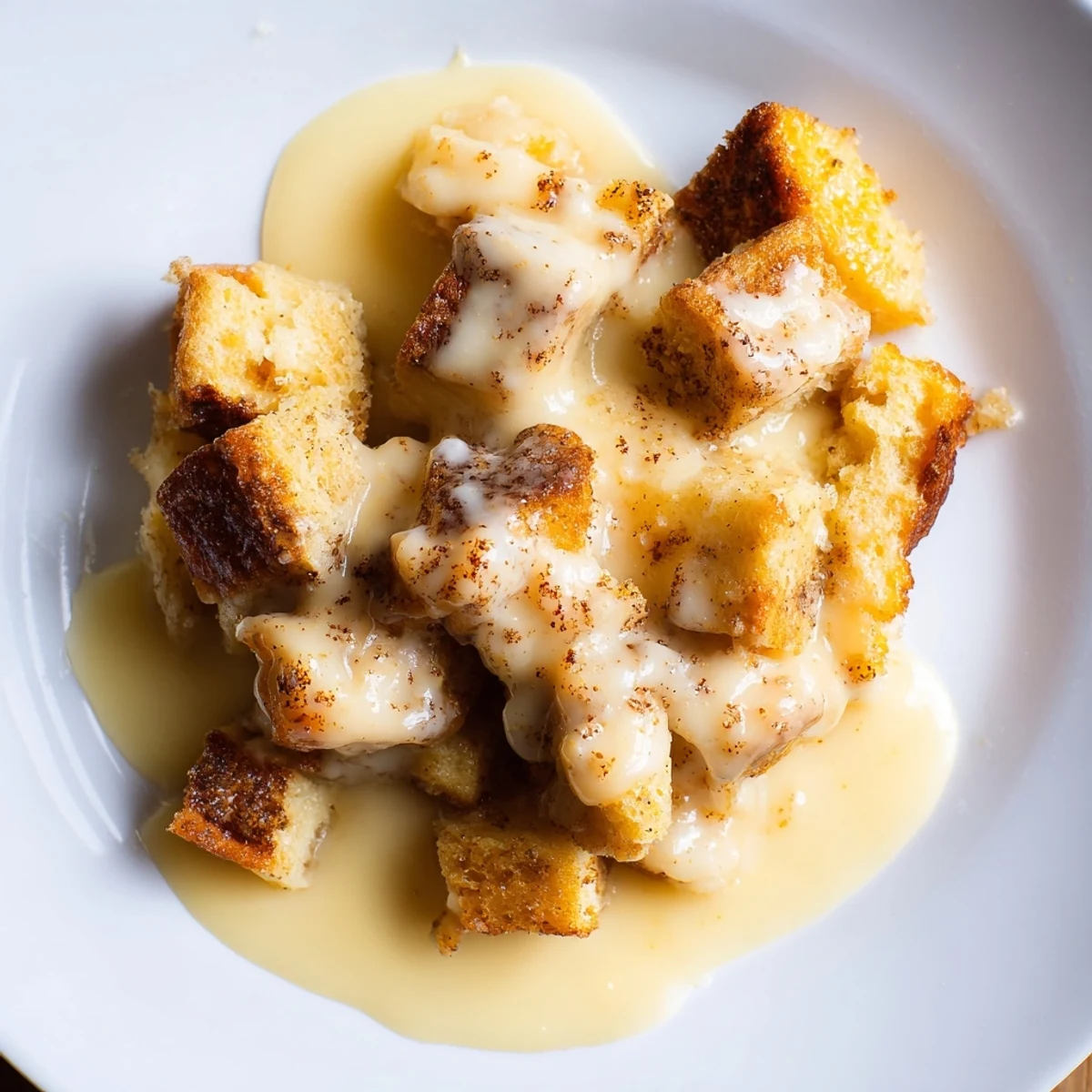 A comforting slice of bread pudding with vanilla sauce, garnished with a sprinkle of cinnamon.