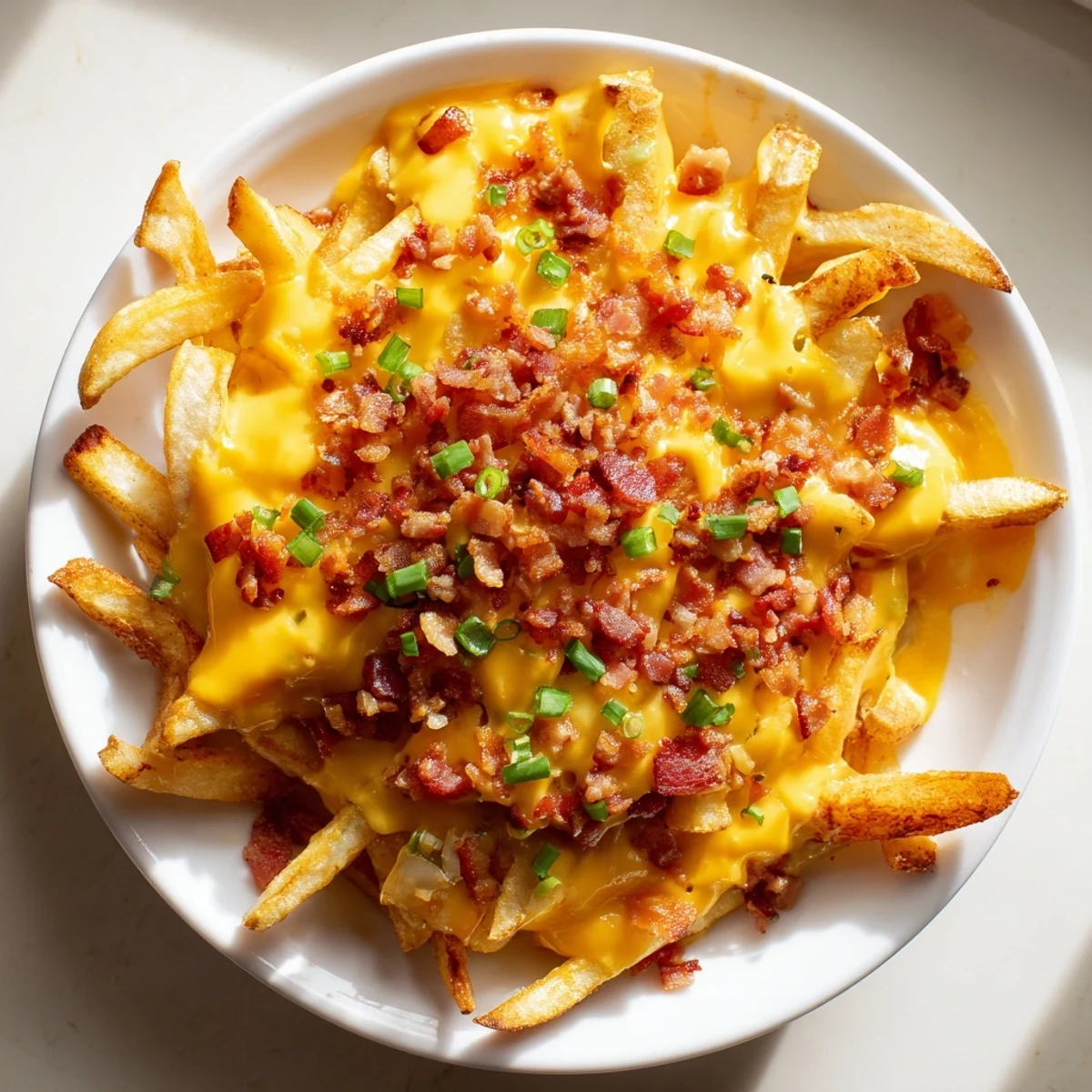 Golden-baked russet fries topped with melted sharp cheddar and chopped turkey bacon bits, served hot.  