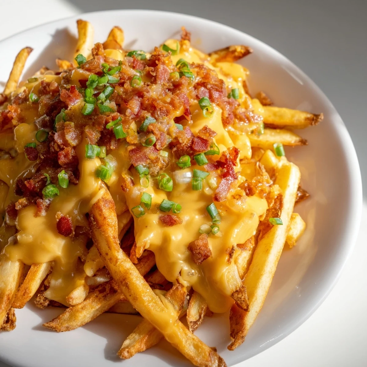 A close-up of crispy Cheese Fries with Turkey Bacon Bits, garnished with green onions and sour cream.  