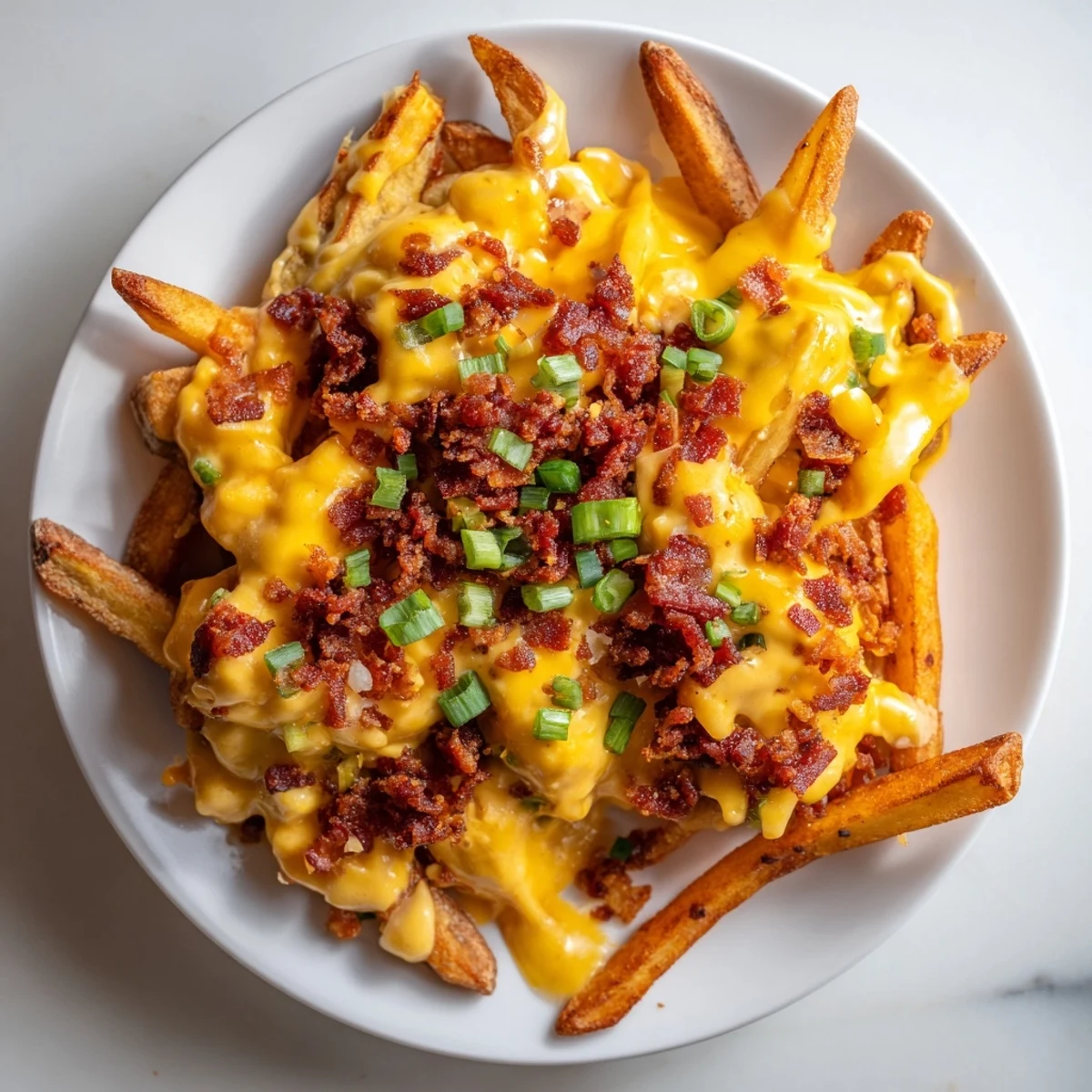 A comforting plate of Cheese Fries with Turkey Bacon Bits, ready to serve as a snack or appetizer.