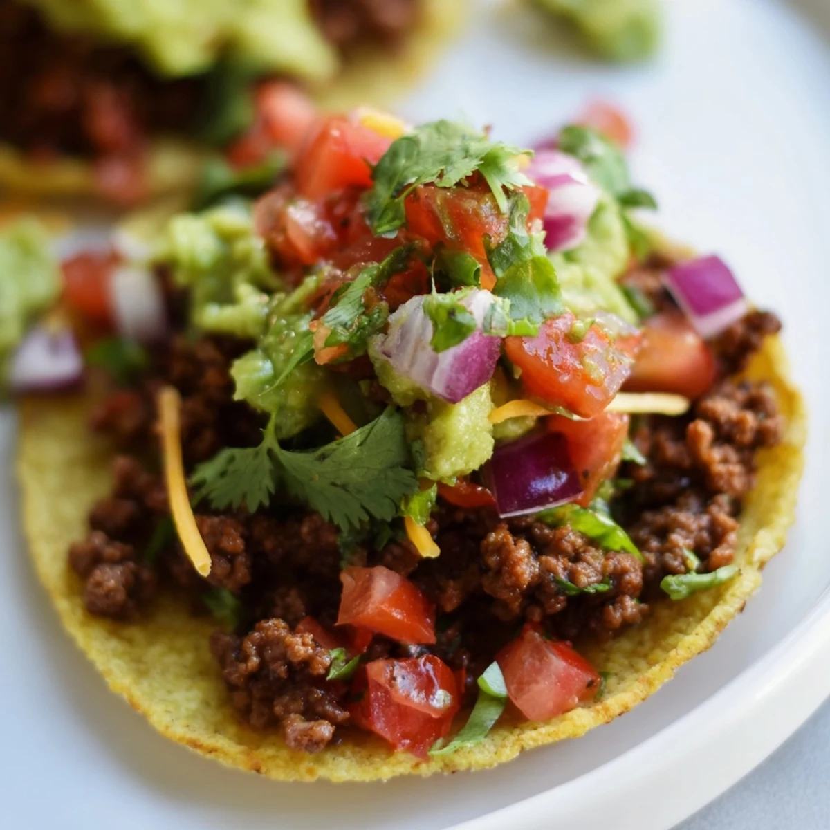 A close-up view of mini tacos with seasoned ground beef, topped with fresh salsa and creamy guacamole, ready to serve.