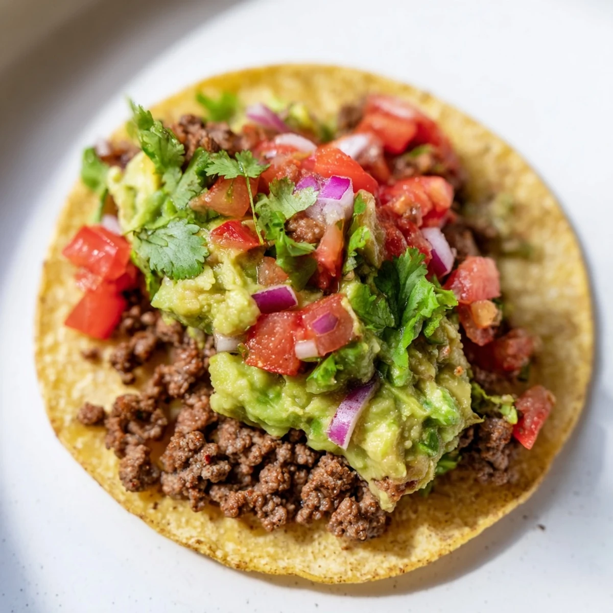 Freshly assembled mini tacos on a white plate, featuring juicy beef, diced tomatoes, and bright green guacamole for parties.