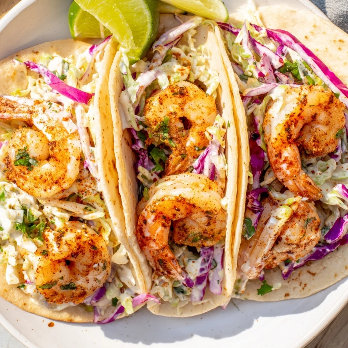 Crispy shrimp tacos with cabbage slaw stacked high on warm corn tortillas, garnished with fresh cilantro and lime wedges for a zesty finish.