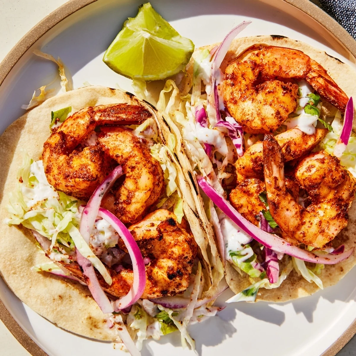 Juicy seasoned shrimp nestled in soft tortillas beside a bright, creamy cabbage slaw with red onion, perfect for a quick weeknight dinner.