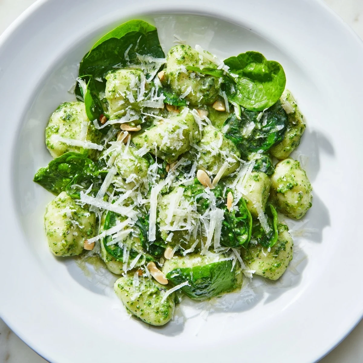 Tender gnocchi tossed with aromatic basil pesto, sautéed garlic spinach, and a generous sprinkle of nutty Parmesan cheese served in a white bowl.