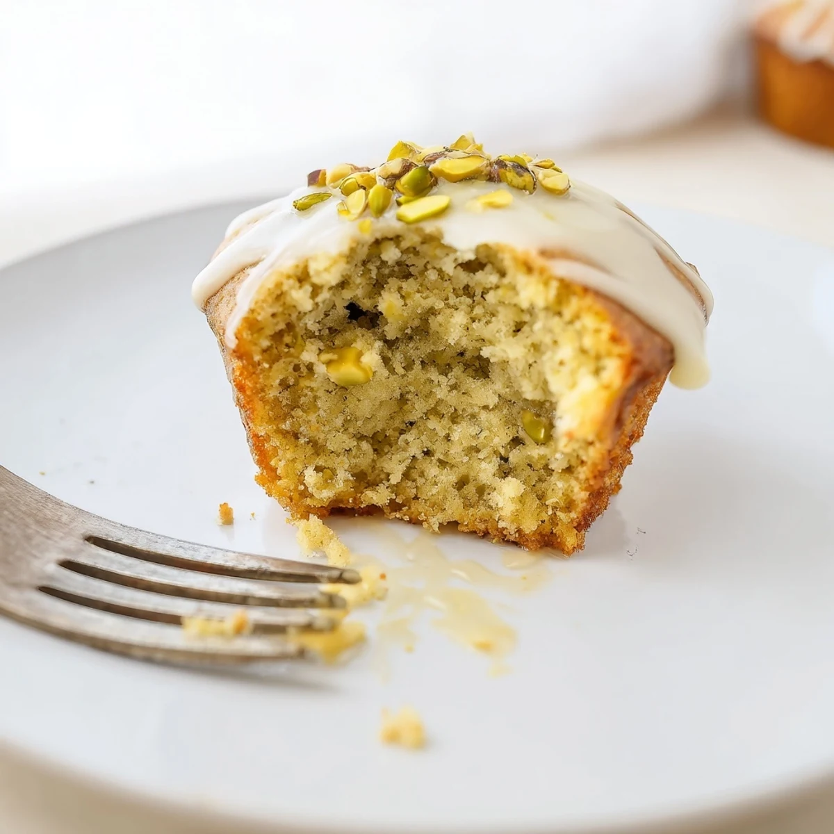 Freshly baked pistachio muffins with a glossy vanilla glaze, ready for breakfast or an afternoon snack.