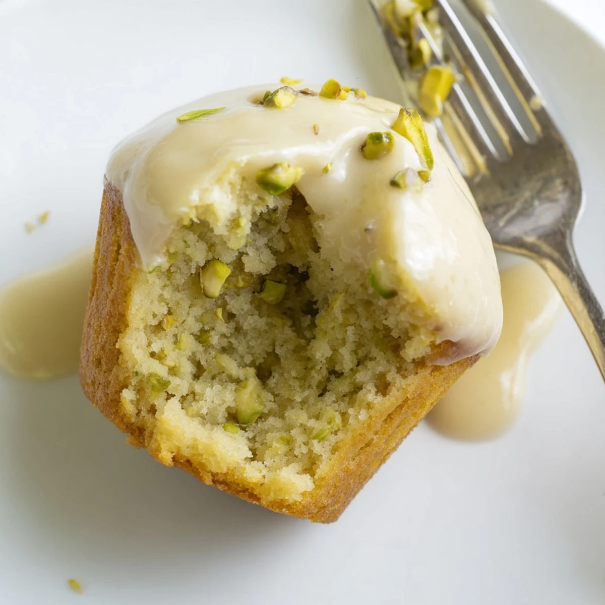 A close-up of moist pistachio muffins drizzled with sweet vanilla glaze and topped with chopped nuts.