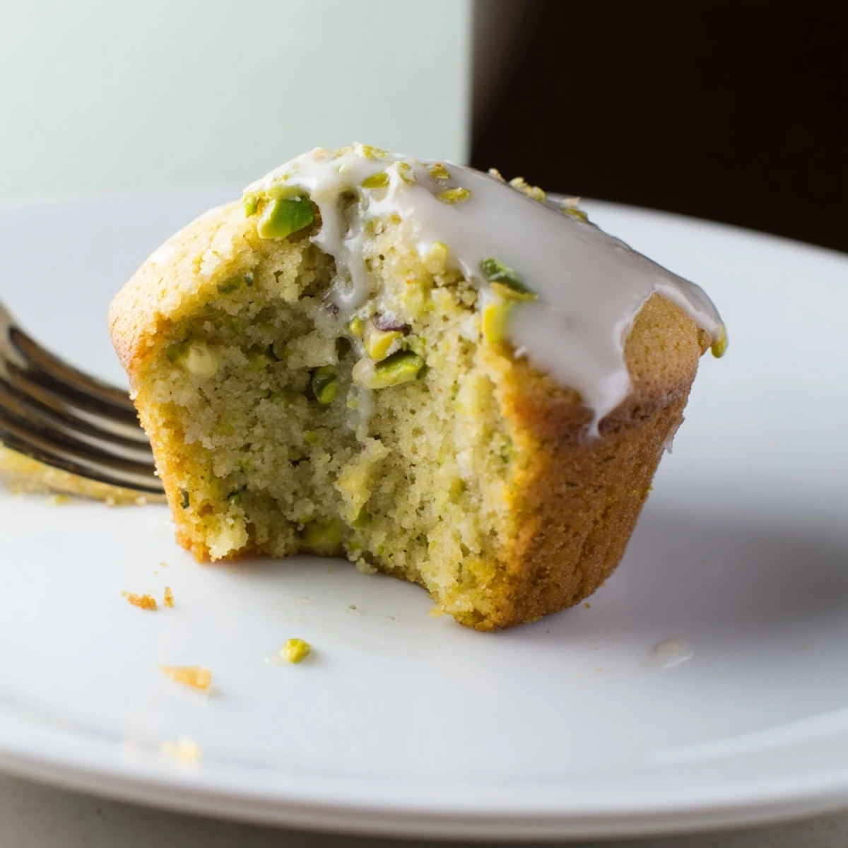 Golden pistachio muffins with vanilla glaze on a white plate, perfect for a quick dessert.