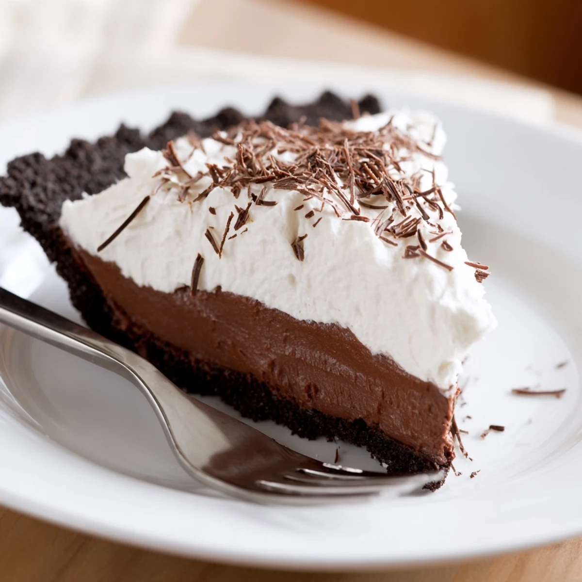 Ultra-creamy chocolate silk pie with a chocolate cookie crust and fresh whipped cream topping, perfect for dessert lovers.