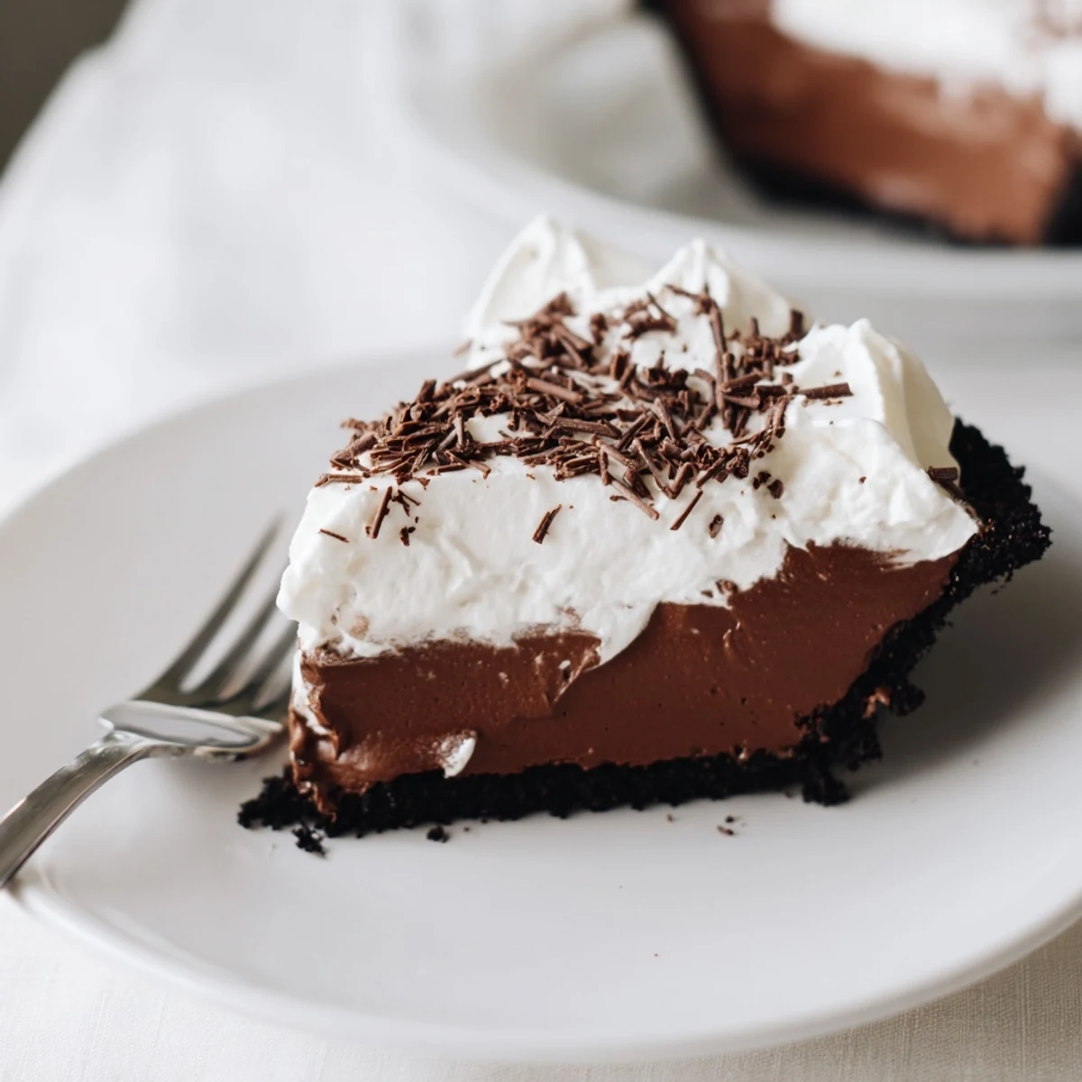 Chocolate silk pie sliced to reveal smooth filling and crisp chocolate cookie crust, topped with fluffy whipped cream clouds.