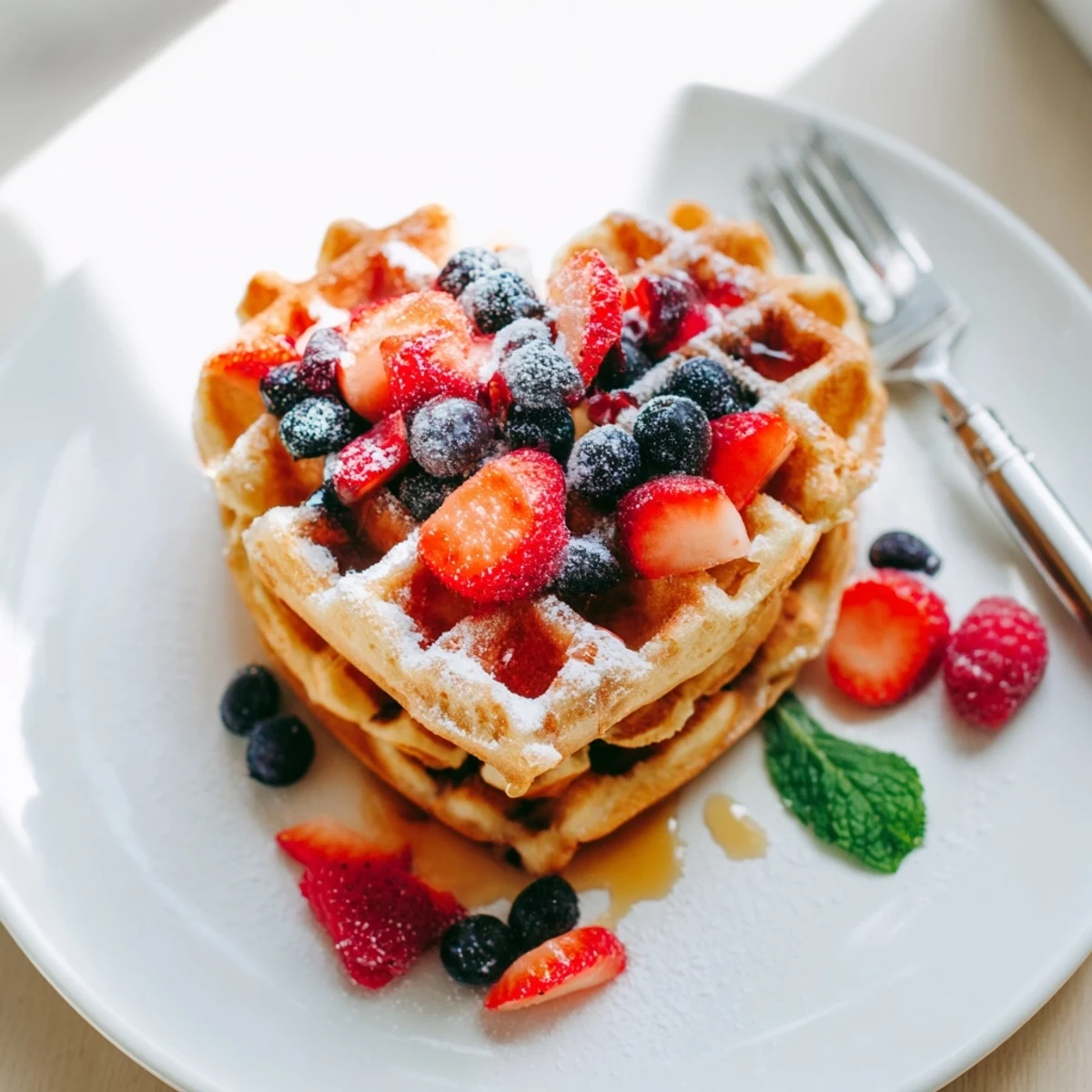 A close-up of crispy heart shaped waffles drizzled with maple syrup and garnished with vibrant berries and a sprig of fresh mint.  