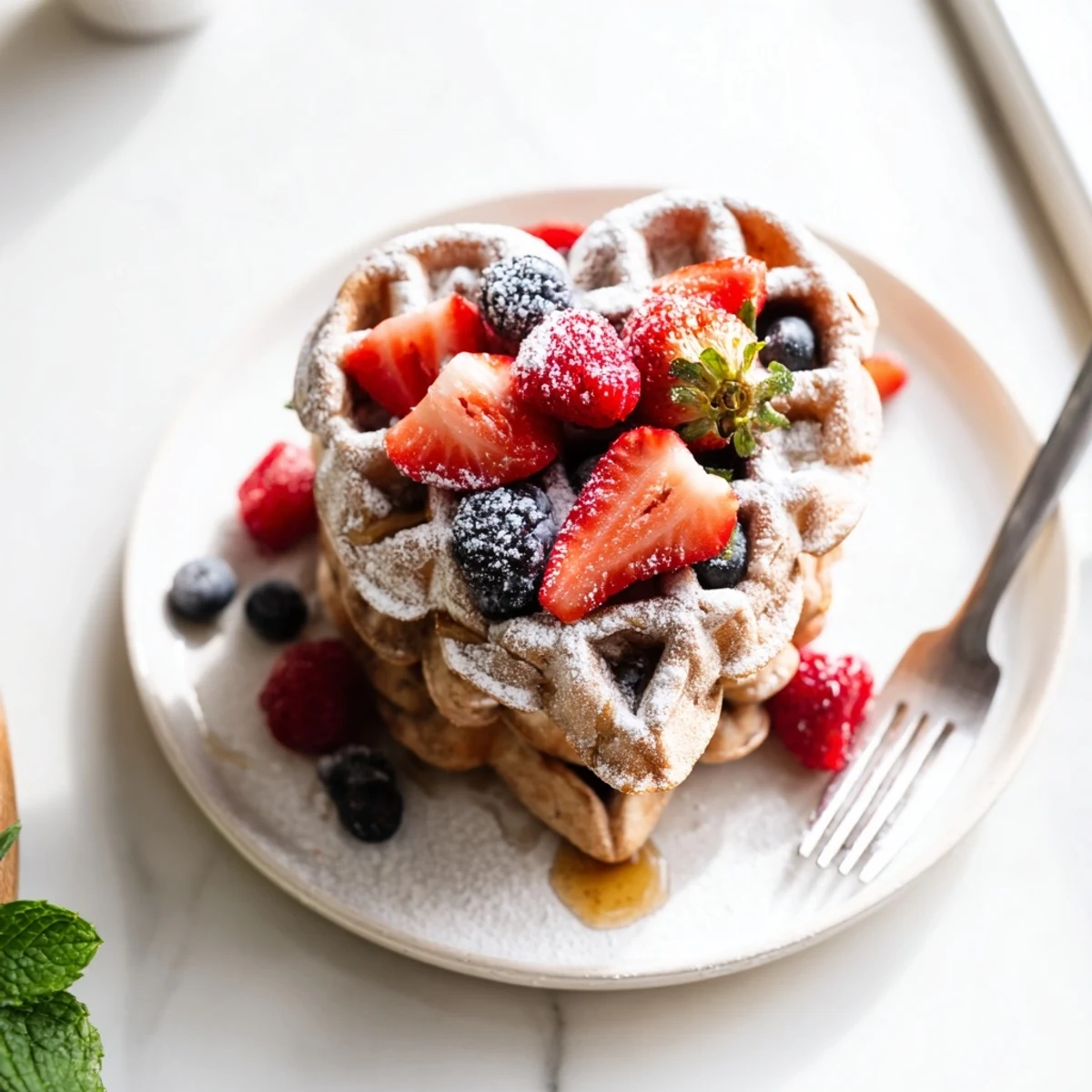 Golden, fluffy heart shaped waffles topped with fresh strawberries, blueberries, and raspberries, finished with a snowy dusting of powdered sugar.  