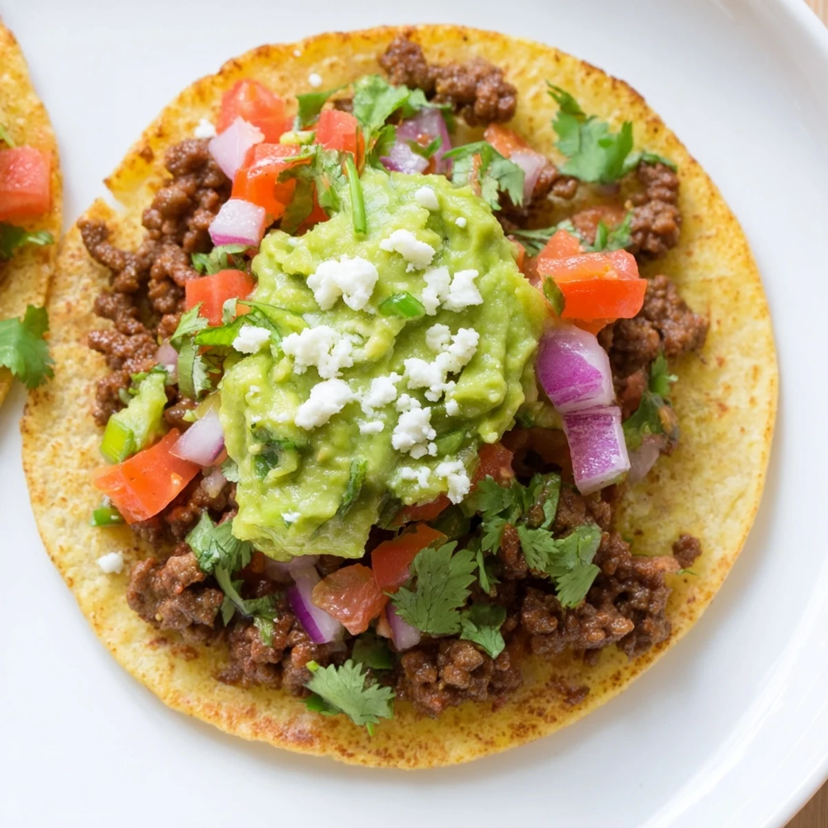 Golden-brown mini tacos with seasoned beef, topped with fresh salsa and creamy guacamole.  