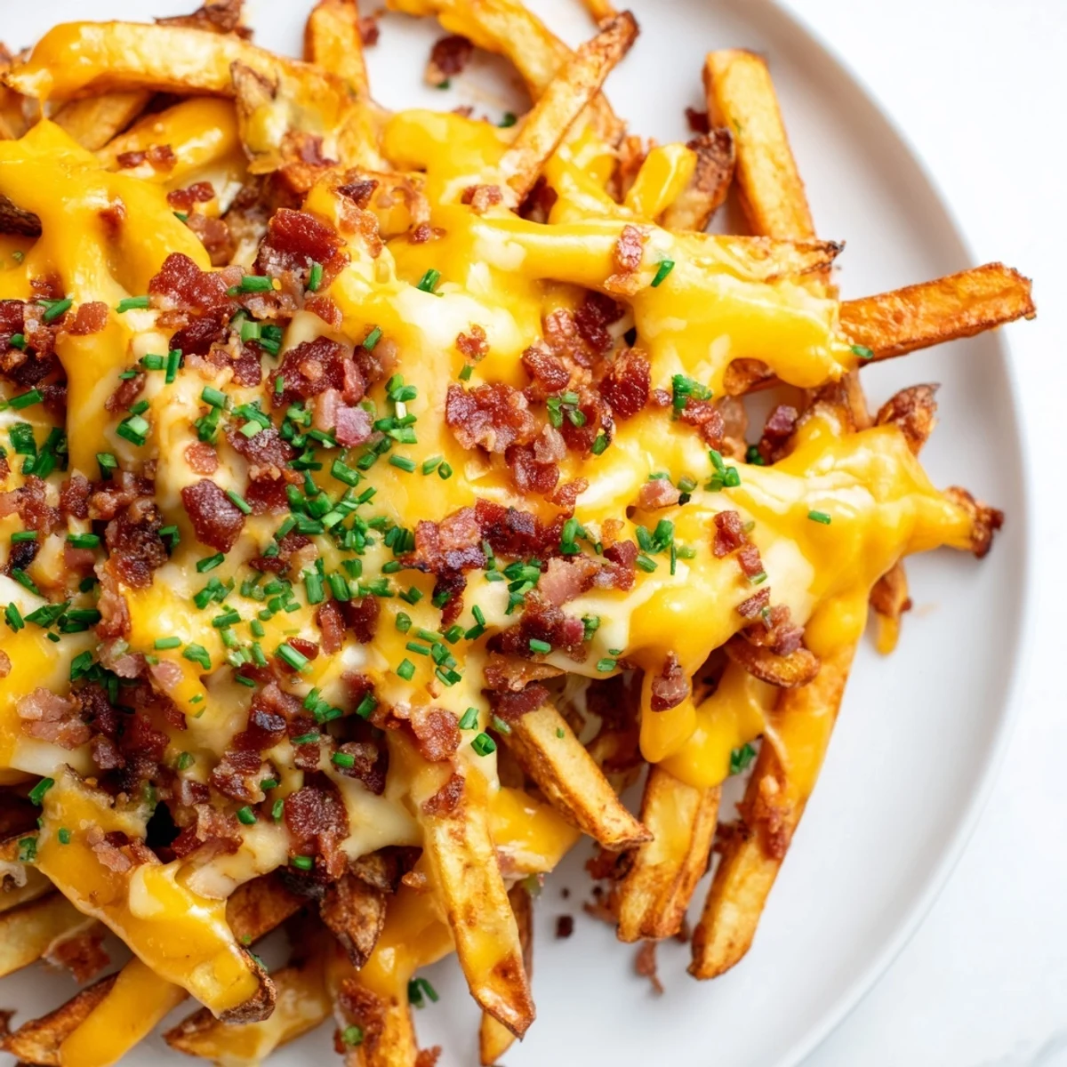 Crispy baked cheese fries with turkey bacon bits garnished with chives and served beside a dollop of sour cream on a wooden table.