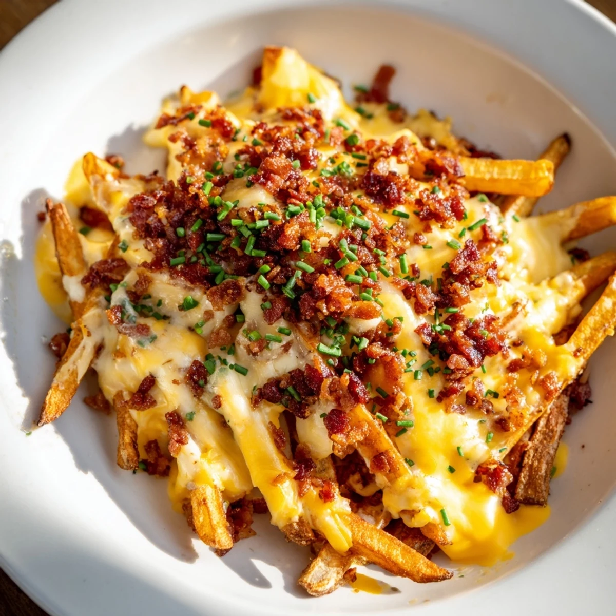 A close-up of golden baked fries topped with melted cheddar and mozzarella, scattered with crispy turkey bacon bits and fresh chives in a baking dish.
