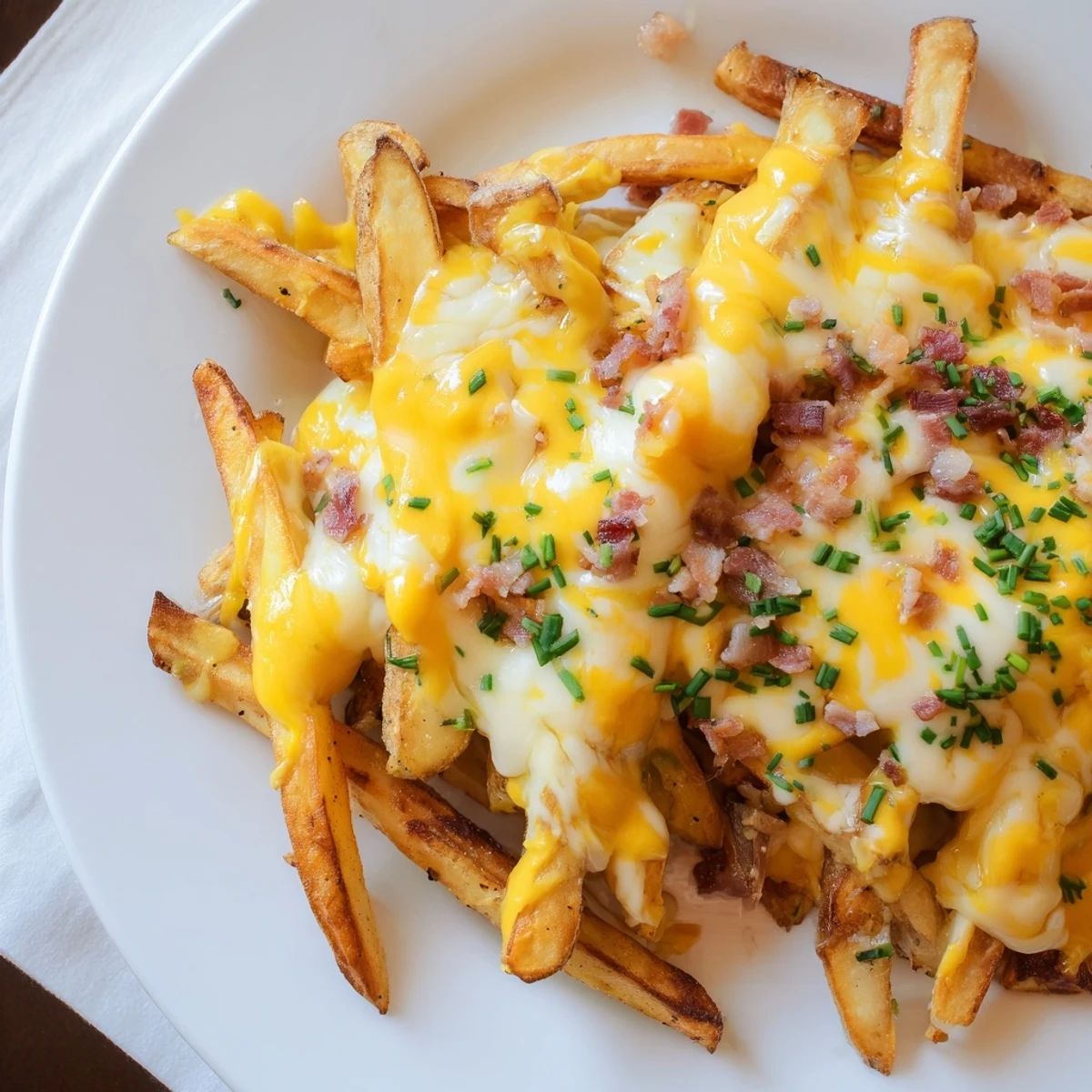 Golden oven fries smothered in melted cheese and savory turkey bacon bits, garnished with fresh chives and ready to serve as an appetizer.