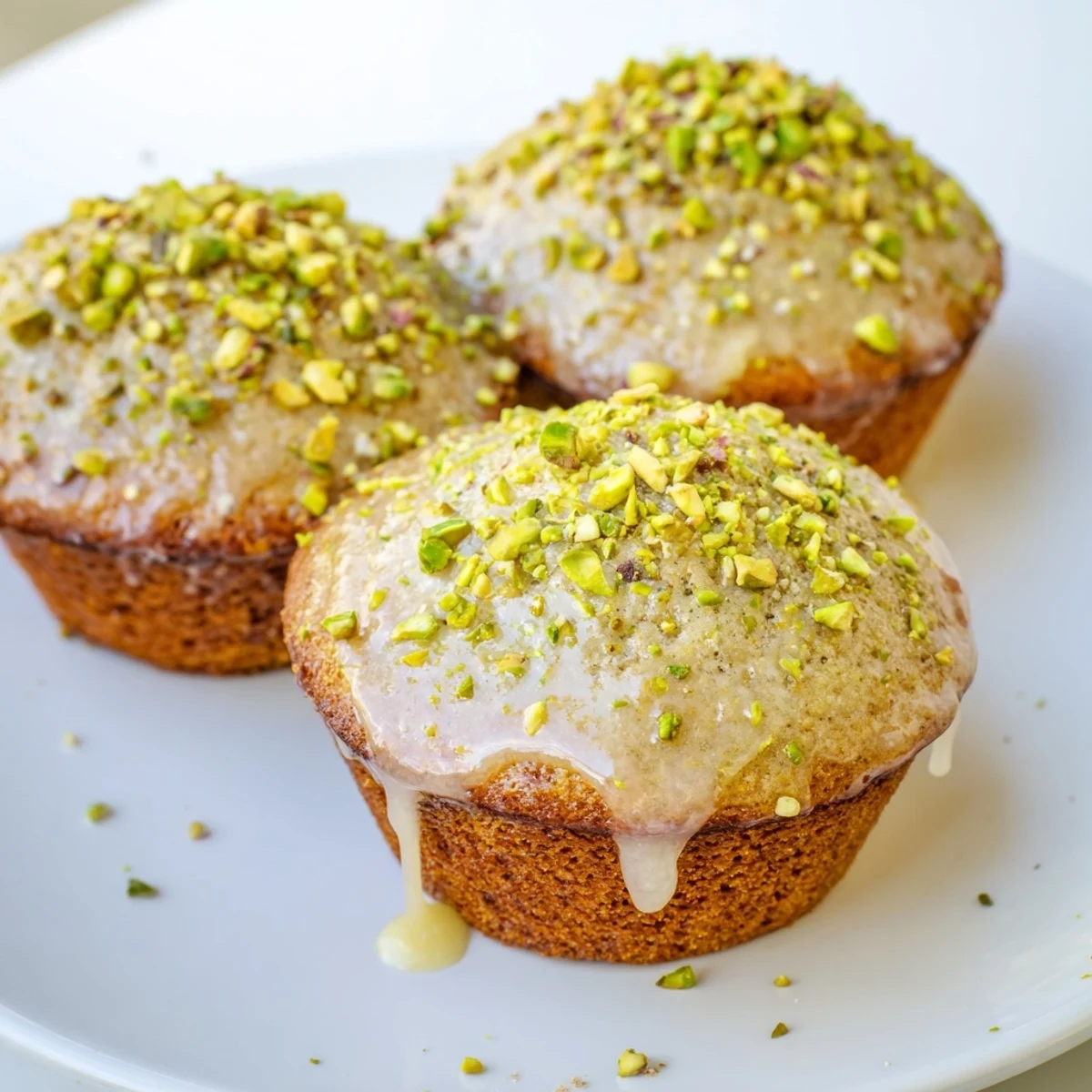 Freshly baked pistachio muffins with a glossy vanilla glaze and chopped pistachio garnish on a cooling rack.  