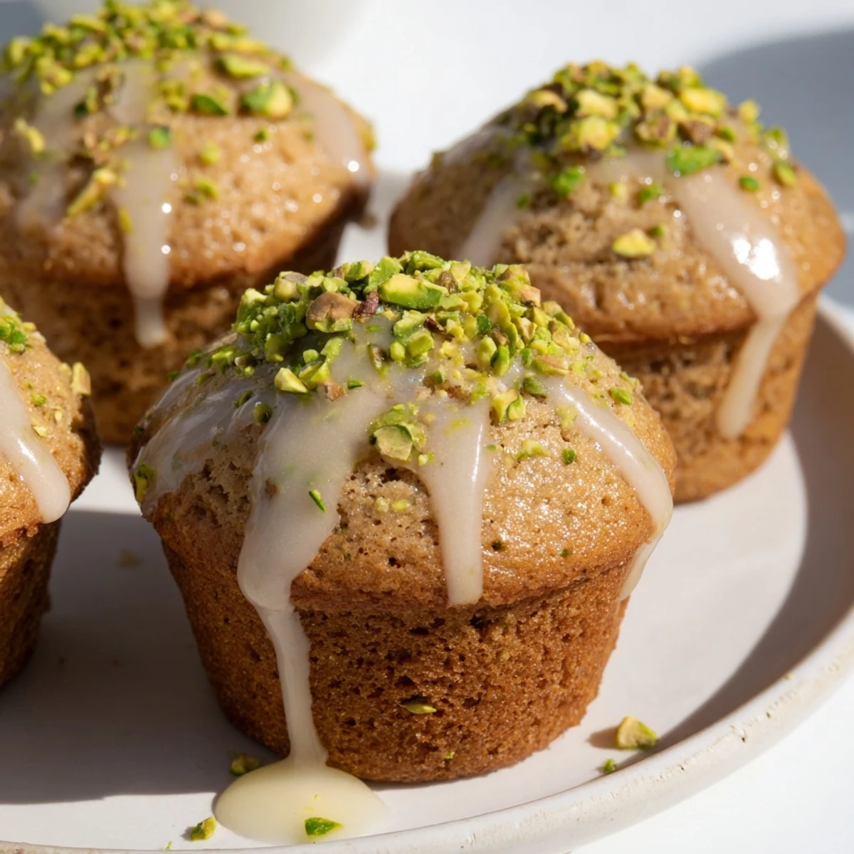 Moist pistachio muffins drizzled with sweet vanilla glaze, perfect for breakfast or an afternoon snack.  