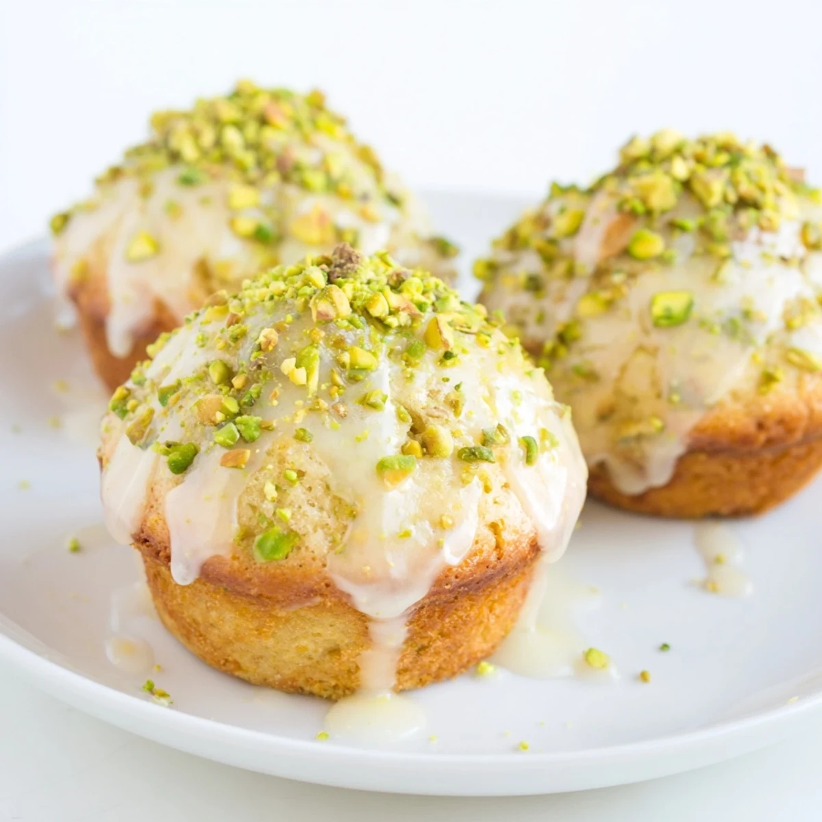 Golden pistachio muffins topped with creamy vanilla glaze and extra chopped nuts on a rustic board.