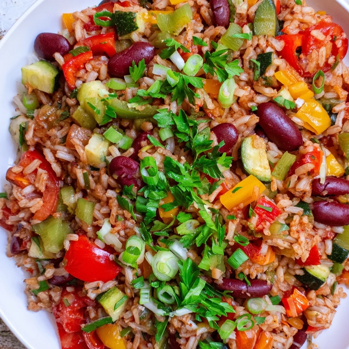 Close-up of hearty Vegetable Jambalaya with Kidney Beans, garnished with fresh parsley and served with lemon wedges for a bright finish.