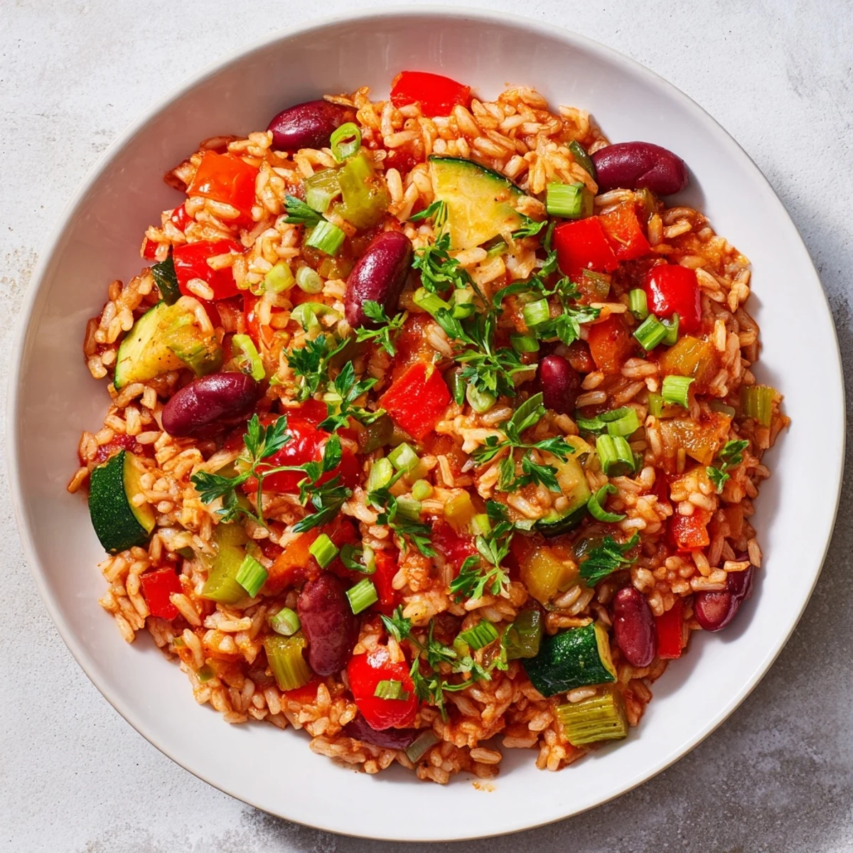 A steaming bowl of Vegetable Jambalaya with Kidney Beans, featuring red and green bell peppers, celery, and zucchini over fluffy rice.