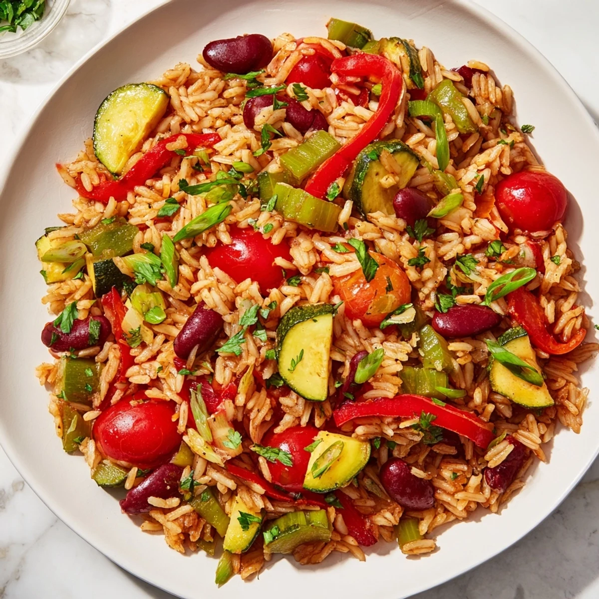 Rustic cast-iron pot filled with spicy Louisiana-inspired Vegetable Jambalaya with Kidney Beans, showcasing colorful vegetables and tender long-grain rice.